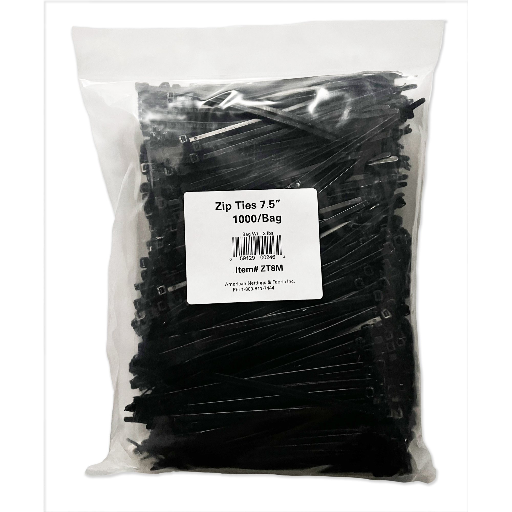 American Nettings & Fabric UV Zip Ties — 7.5in., 50-Lb. Tensile Strength, Black, 1000/Bag, Model# ZT8M