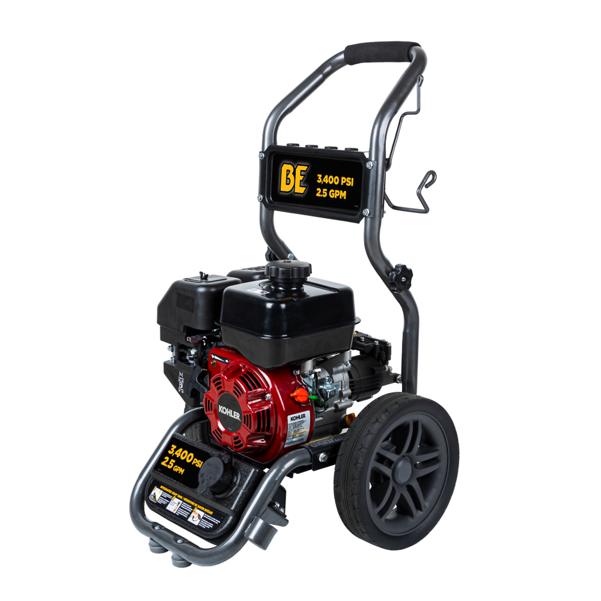 BE Power Equipment Cold Water Gas Pressure Washer with Kohler 196CC Engine and Axial Pump, 3400 PSI, 2.5 GPM