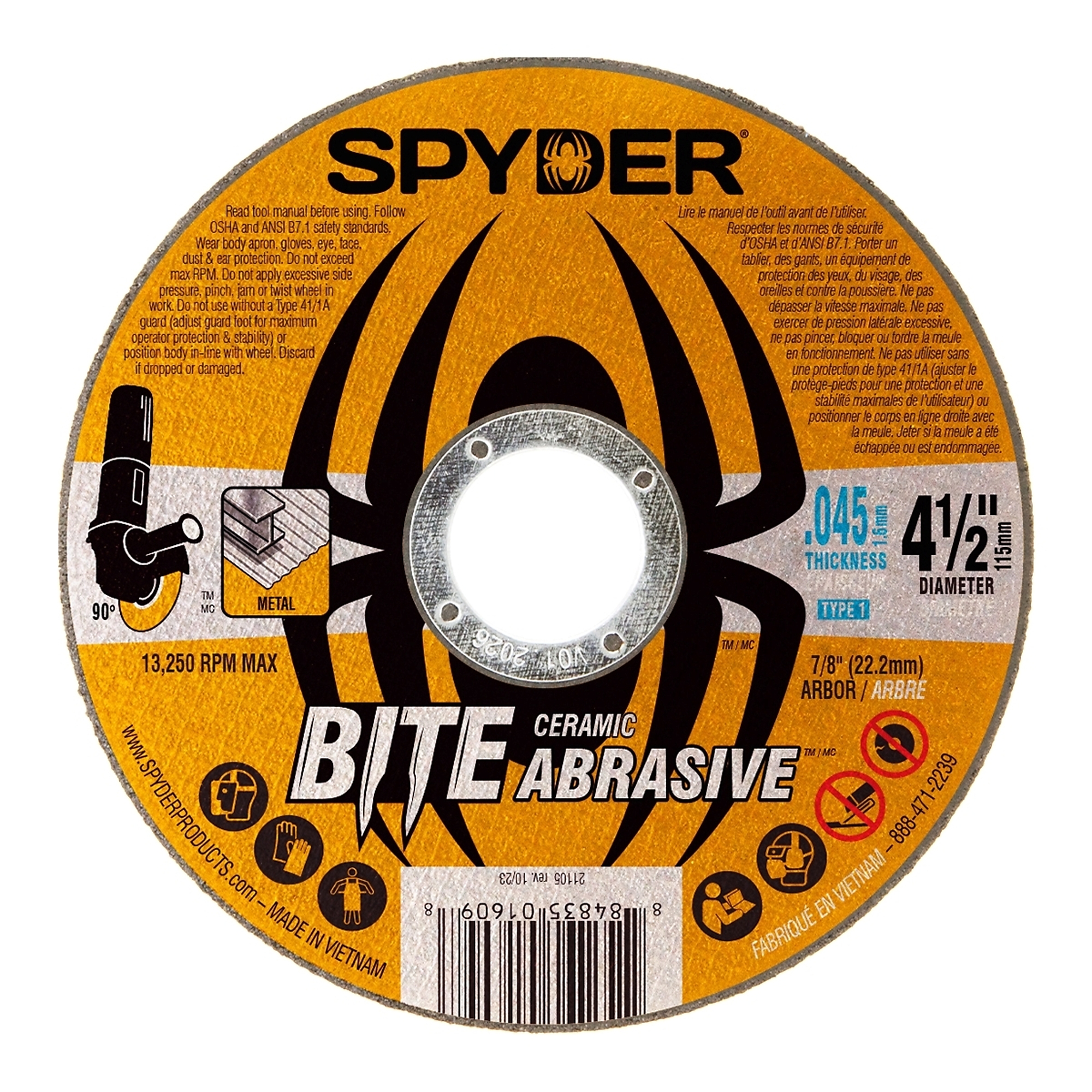 SPYDER 4.5",7/8 X .045 T1 Ceramic Abrasive Cut-Off Wheel Model# 21105