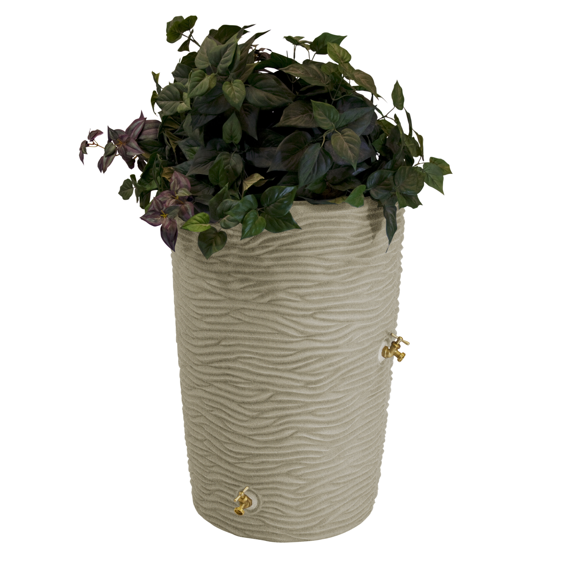 Good Ideas Impressions Palm Rain Saver Barrel — 50 Gallon, Sandstone, Deep Welled Top, Metal Spigots, Model# IMP-L50-SAN