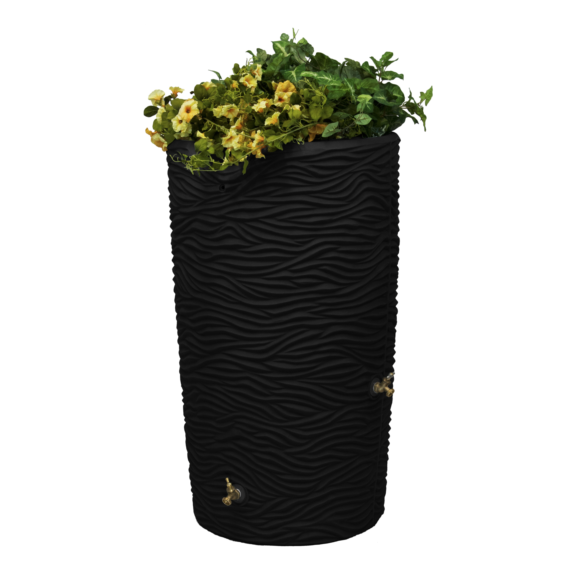 Good Ideas Impressions Palm Rain Saver Barrel — 65 Gal., Black, Integrated Overflow Channel, Metal Spigots, Model# IMP-L65-BLK