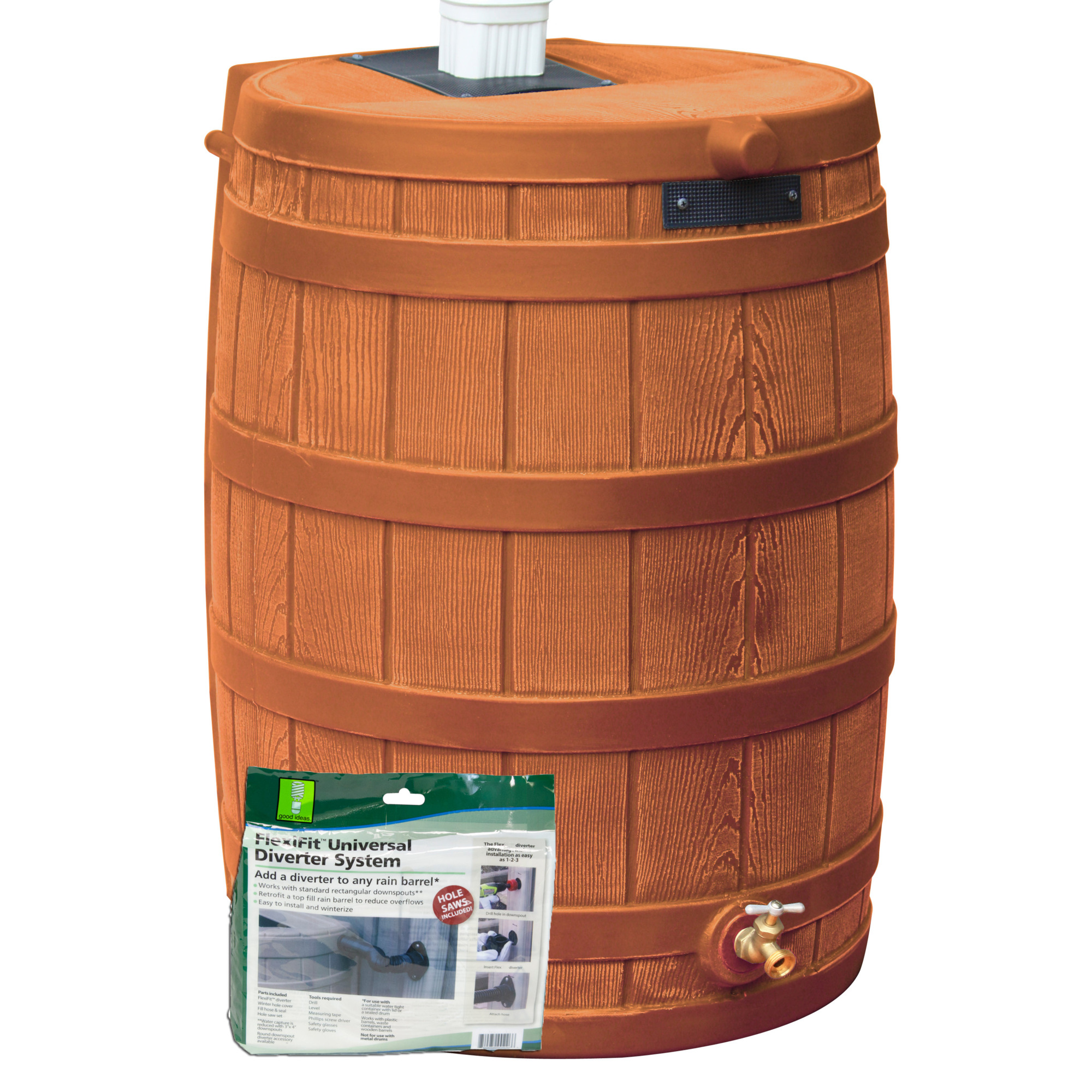 Good Ideas Rain Wizard Rain Barrel with Diverter Kit — 50 Gallon, Terra Cotta, BPA-Free Plastic, Model# RW50-DIV-TC