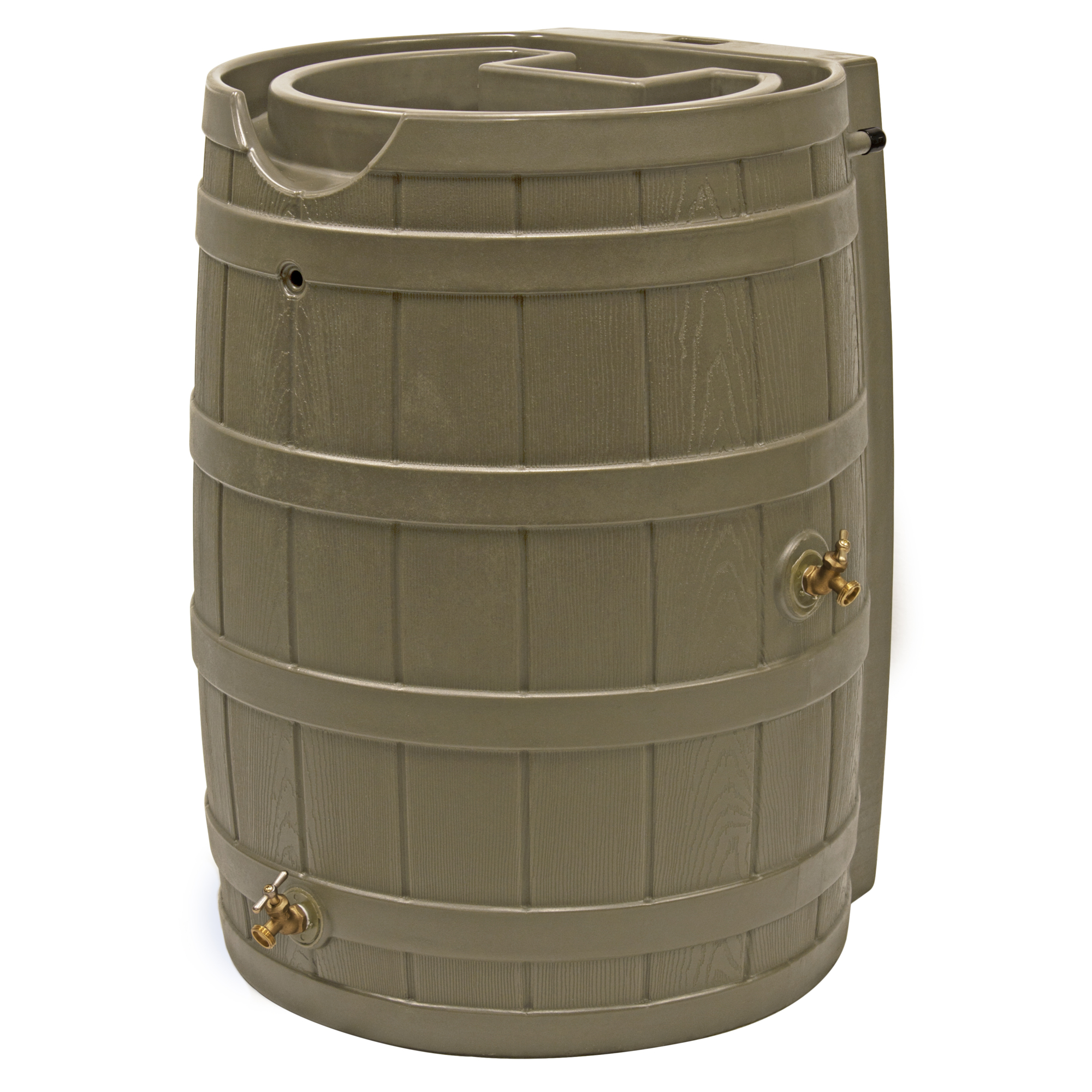 Good Ideas Rain Wizard Rain Barrel — 65 Gallons, Khaki, Faux Oak, Self-Draining Planter Top, Model# RW65-KHA