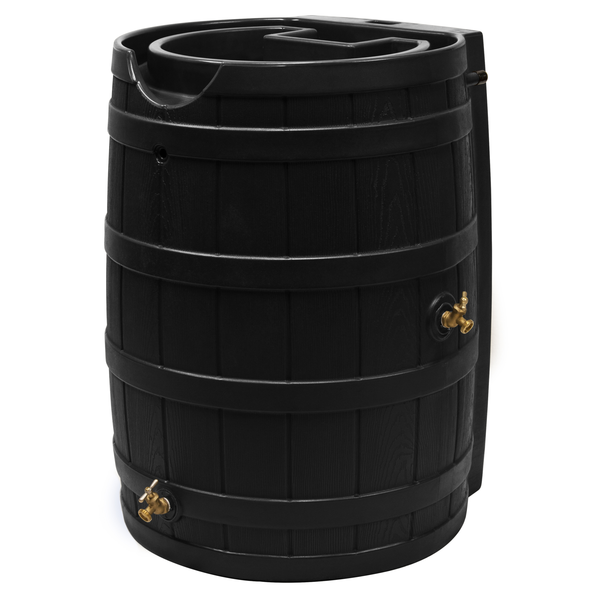 Good Ideas Rain Wizard Rain Barrel — 65 Gallon, Black, Faux Oak, Self-Draining Planter Top, BPA-Free, Model# RW65-BLK
