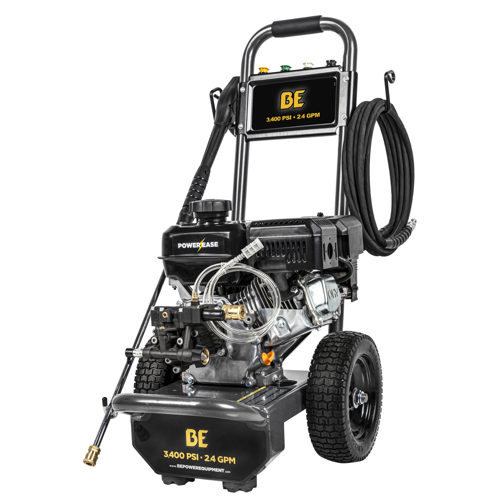 BE Power Equipment Gas Pressure Washer — 3400 PSI, 2.4 GPM, 223cc Engine, Axial Pump, 25ft. Hose, Bonus Cleaning Tools, Model# B347RX
