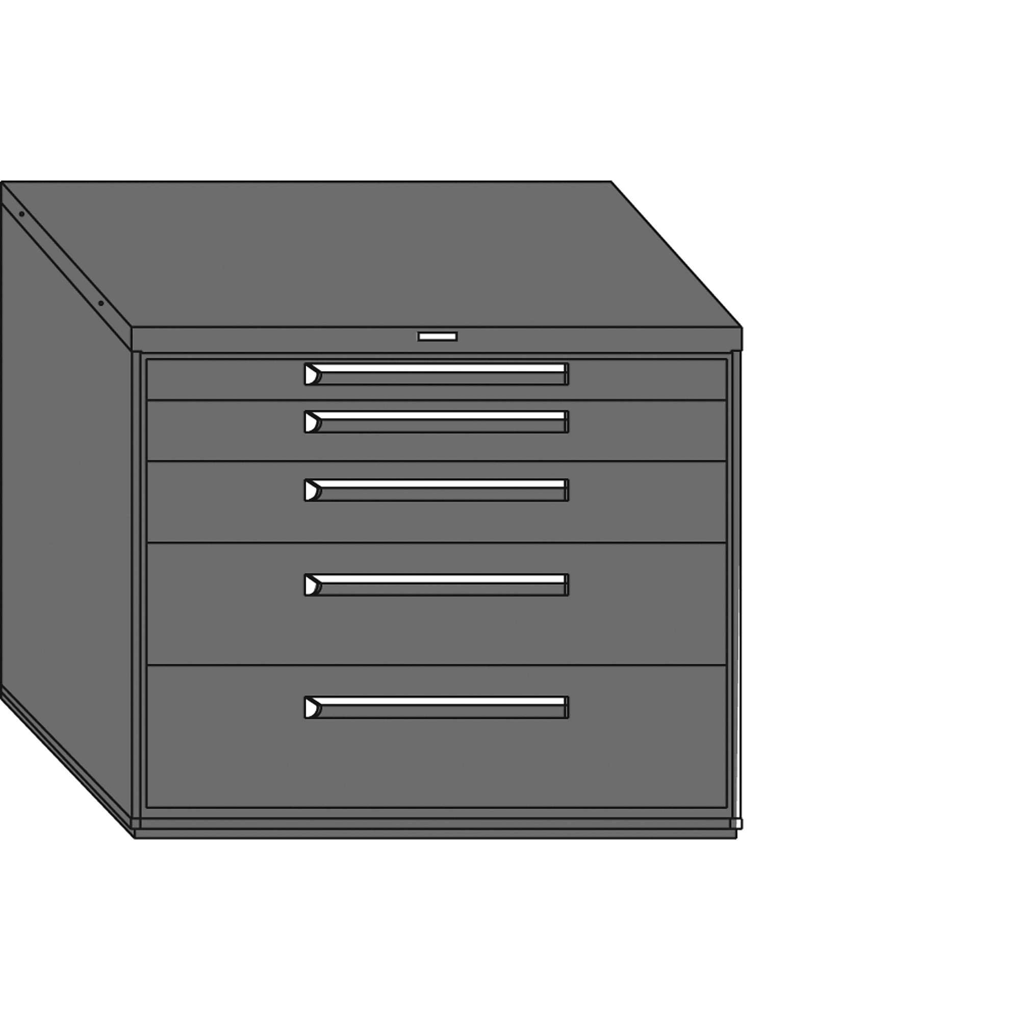 Equipto, 45in. wide Modular Drawer Cabinet- With Dividers, Height 38 in, Width 45 in, Drawers 5 total;1 3"h,1 4.5", 1 6"h, 1 9"h, 1` 10.5"h Model# 444538-113-01-BK; Color: Textured Black