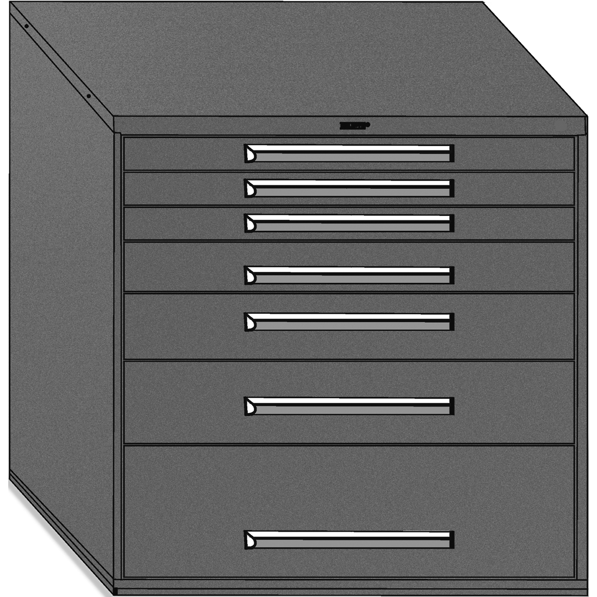Equipto, 45in. wide Modular Drawer Cabinet- No Divider, Height 44 in, Width 45 in, Drawers 7 Total; 7 ; 3 3"h, 1 4.5"h, 1 6"h, 1 7.5"h, 1 12"h Model # 4474-BK; Color: Textured Black