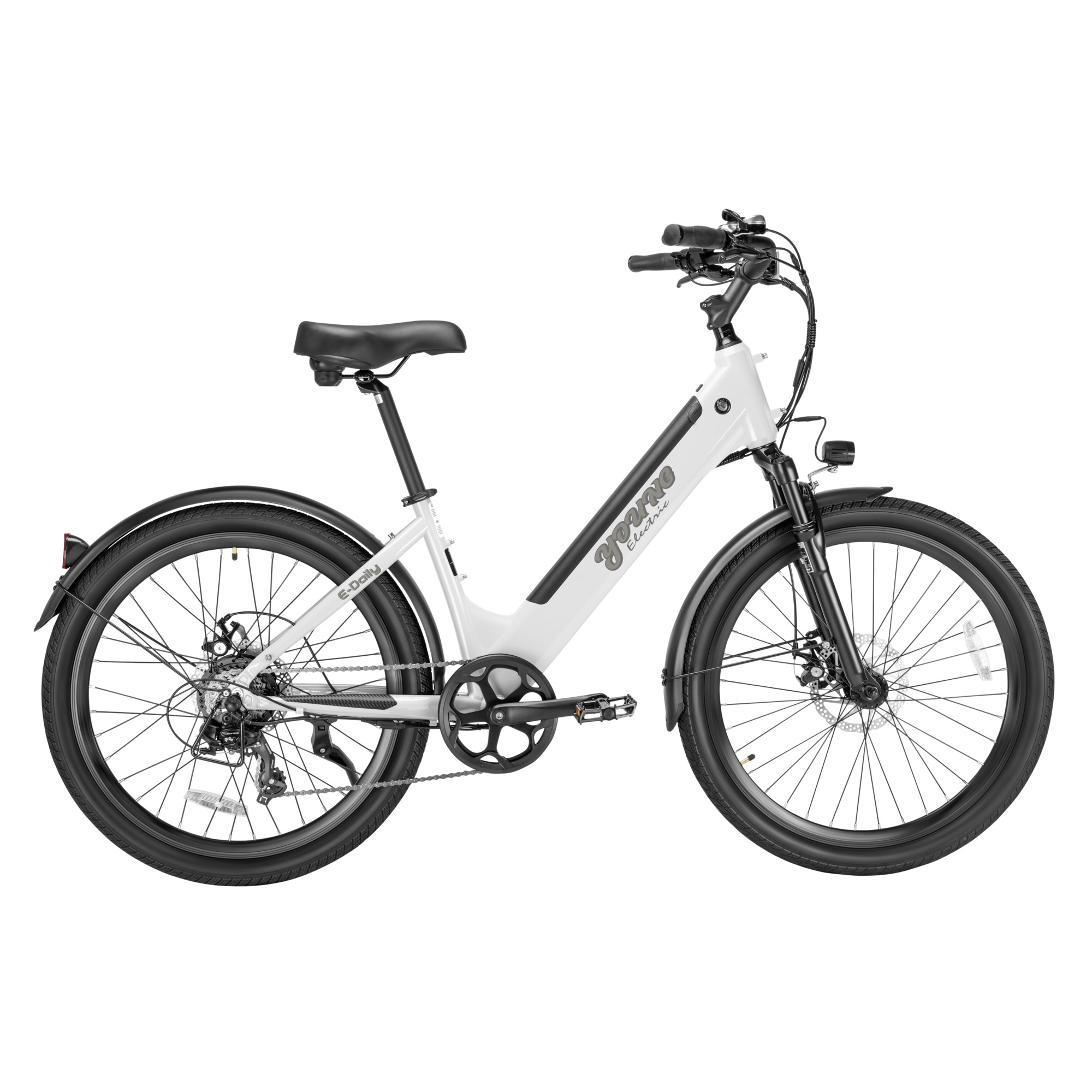 Young Electric E-Daily Step-Through Hybrid Electric Bike — 26in. x 2.2in. Tires, 500W Motor, 480Wh Battery, Model# 22802011WHI