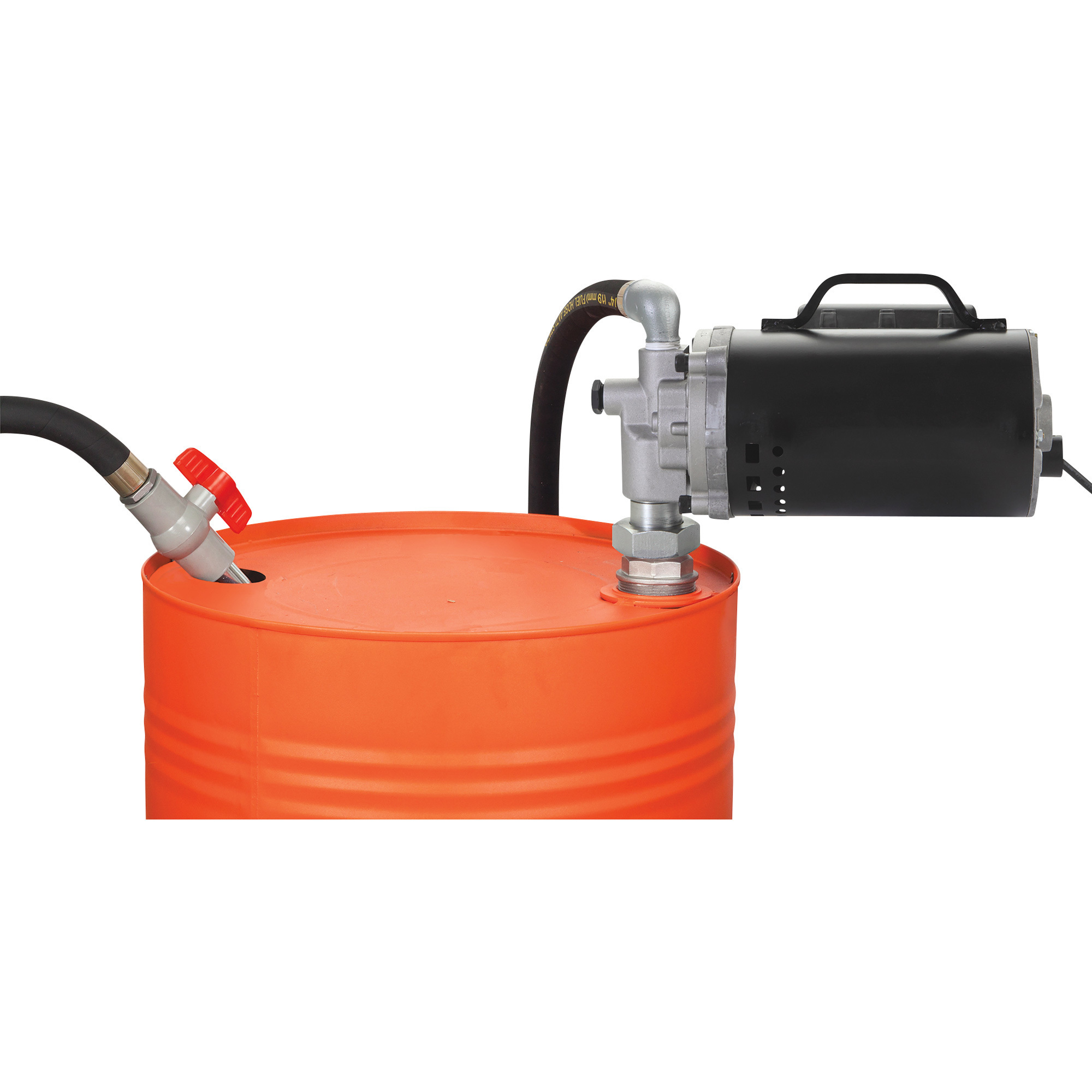 Gear driven 115 volt DC fuel pump with an aluminum die cast body and 12'  discharge hose with nozzle