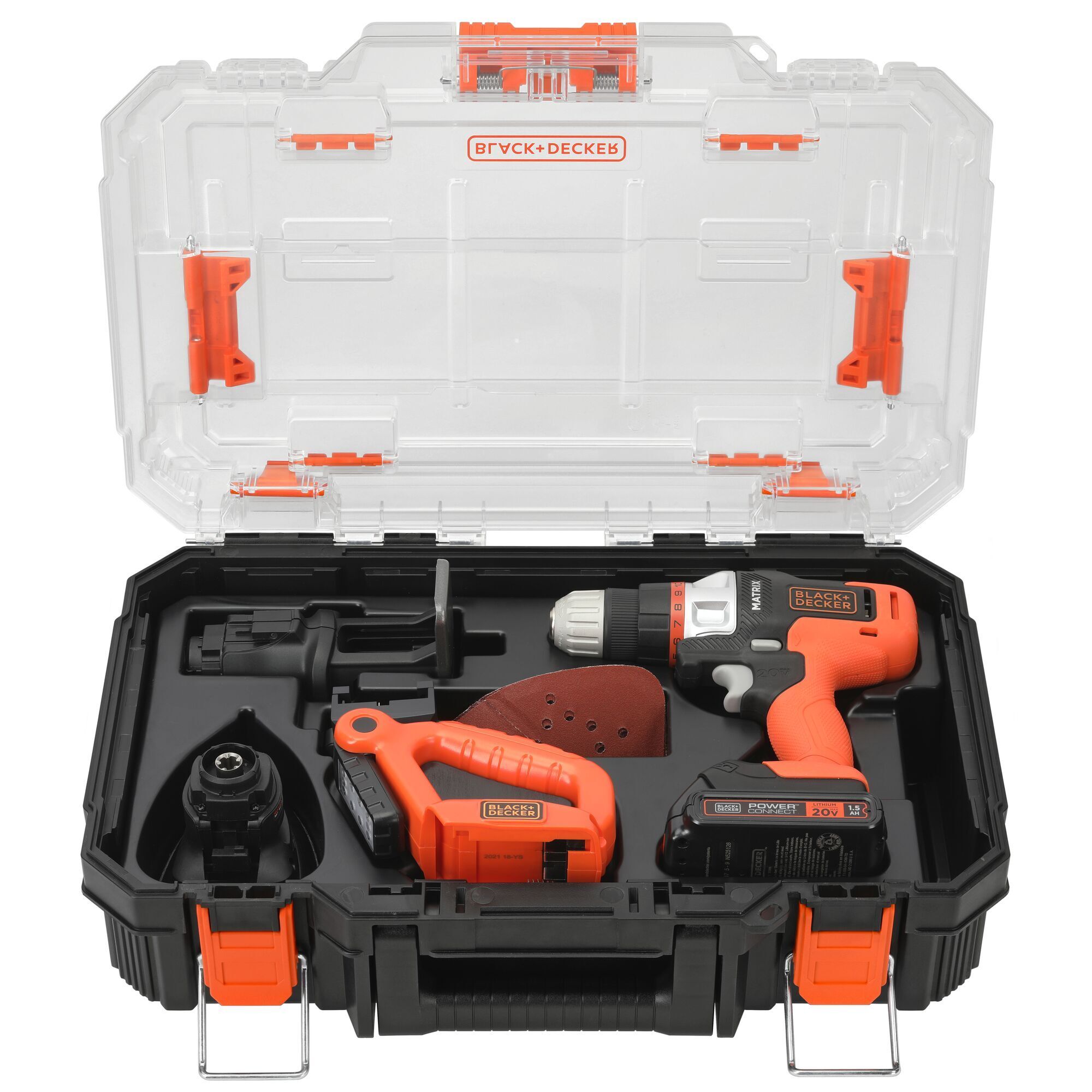 Black & Decker Matrix 20V Max Cordless 4-Tool Combo Kit with Storage — Drill/Driver, Jigsaw, Sander, LED Work Light, Model# BDCDMT1204KITC1