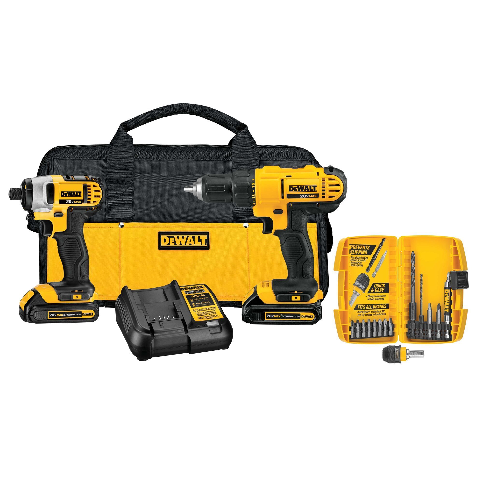 DeWalt 20V MAX Lithium-Ion Compact 2-Tool Kit — 1/2in. Drill/Driver, 1/4in. Impact Driver, 1.5Ah Batteries, Model# DCK241C2