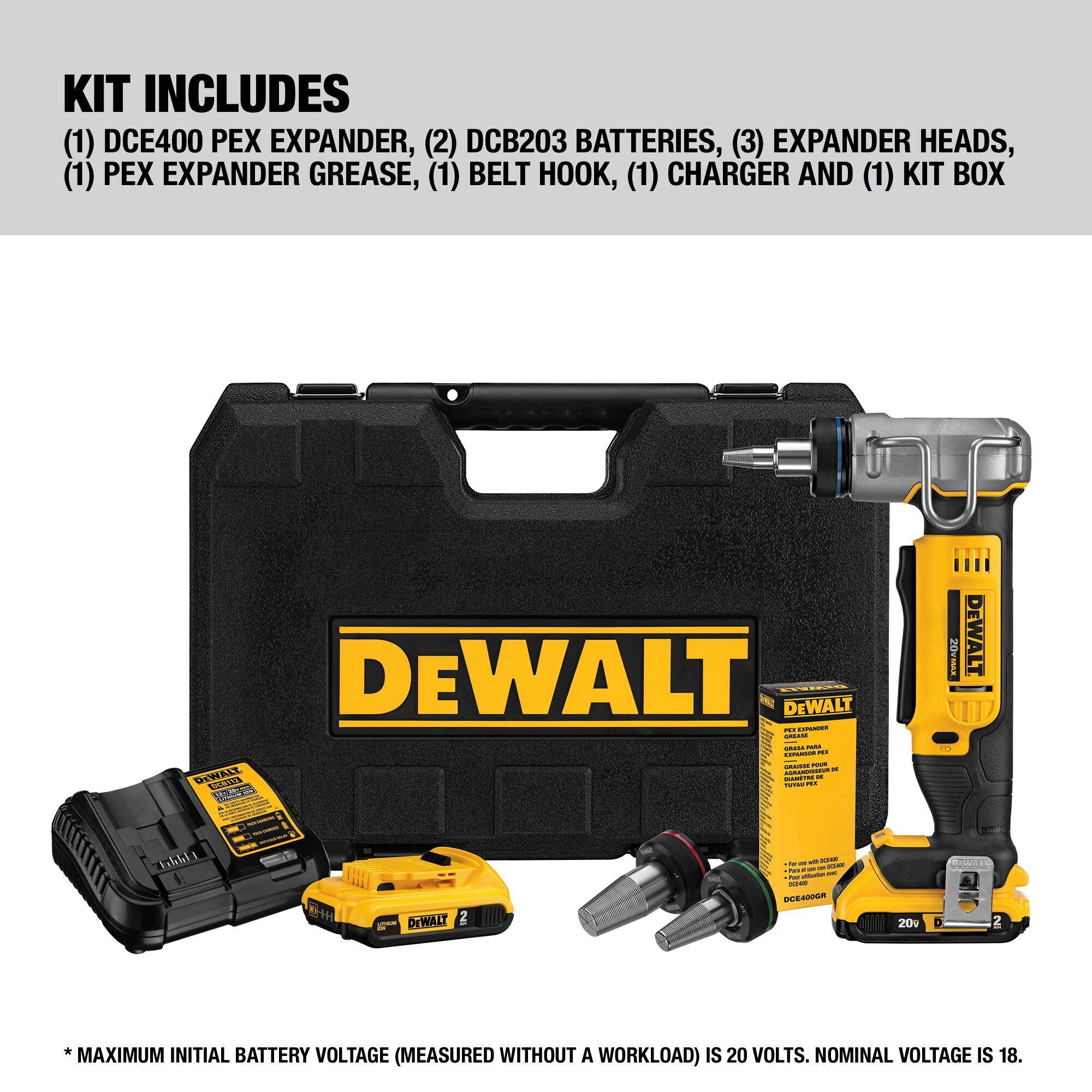DEWALT 20V MAX Cordless PEX Expander Tool Kit — 1in., LED Work Light, Ergonomic Grip, Model# DCE400D2