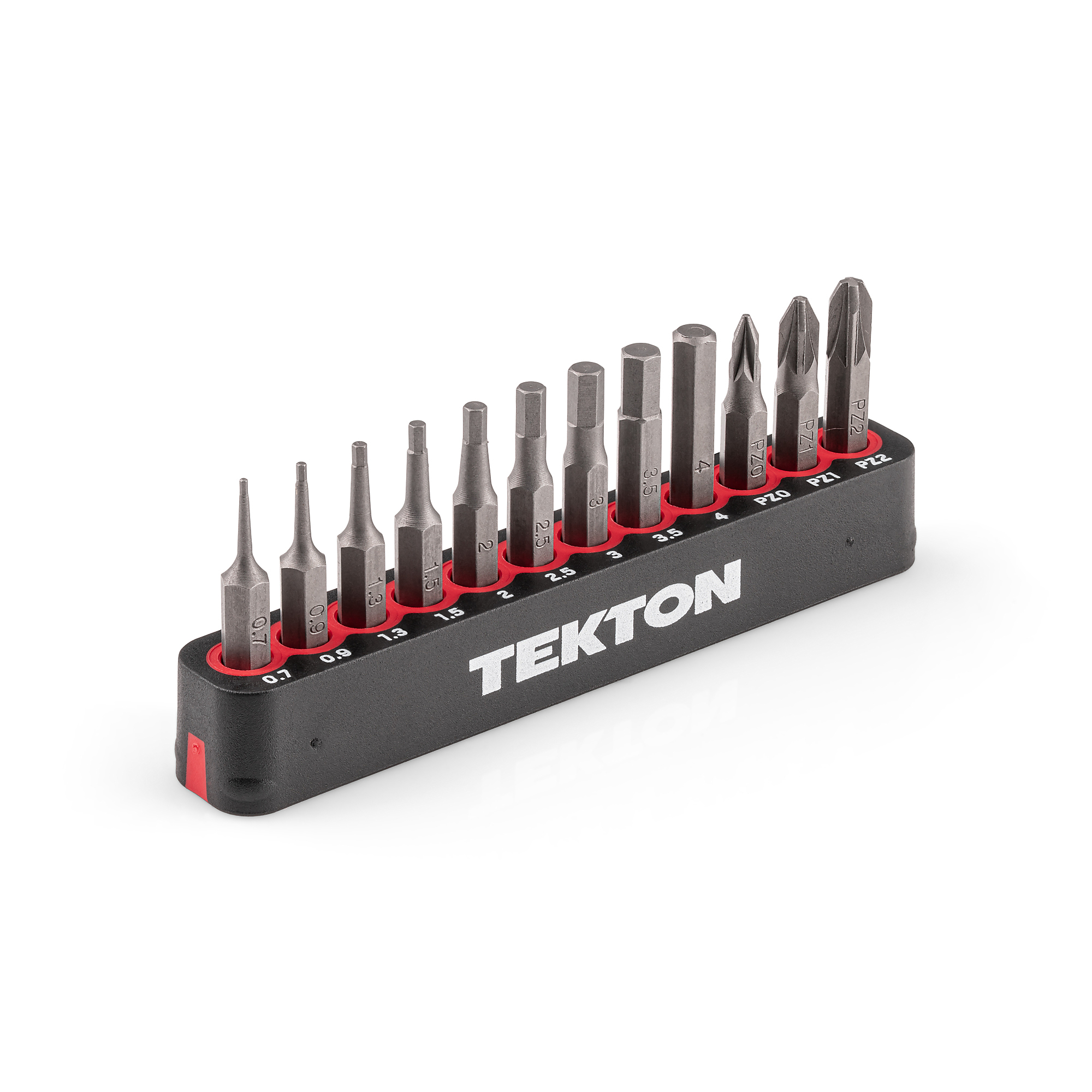 TEKTON 4 mm Hex and Pozidriv Bit Set with Rail, 12-Piece (0.7 - 4 mm, PZ0 - PZ2) | DZZ92005