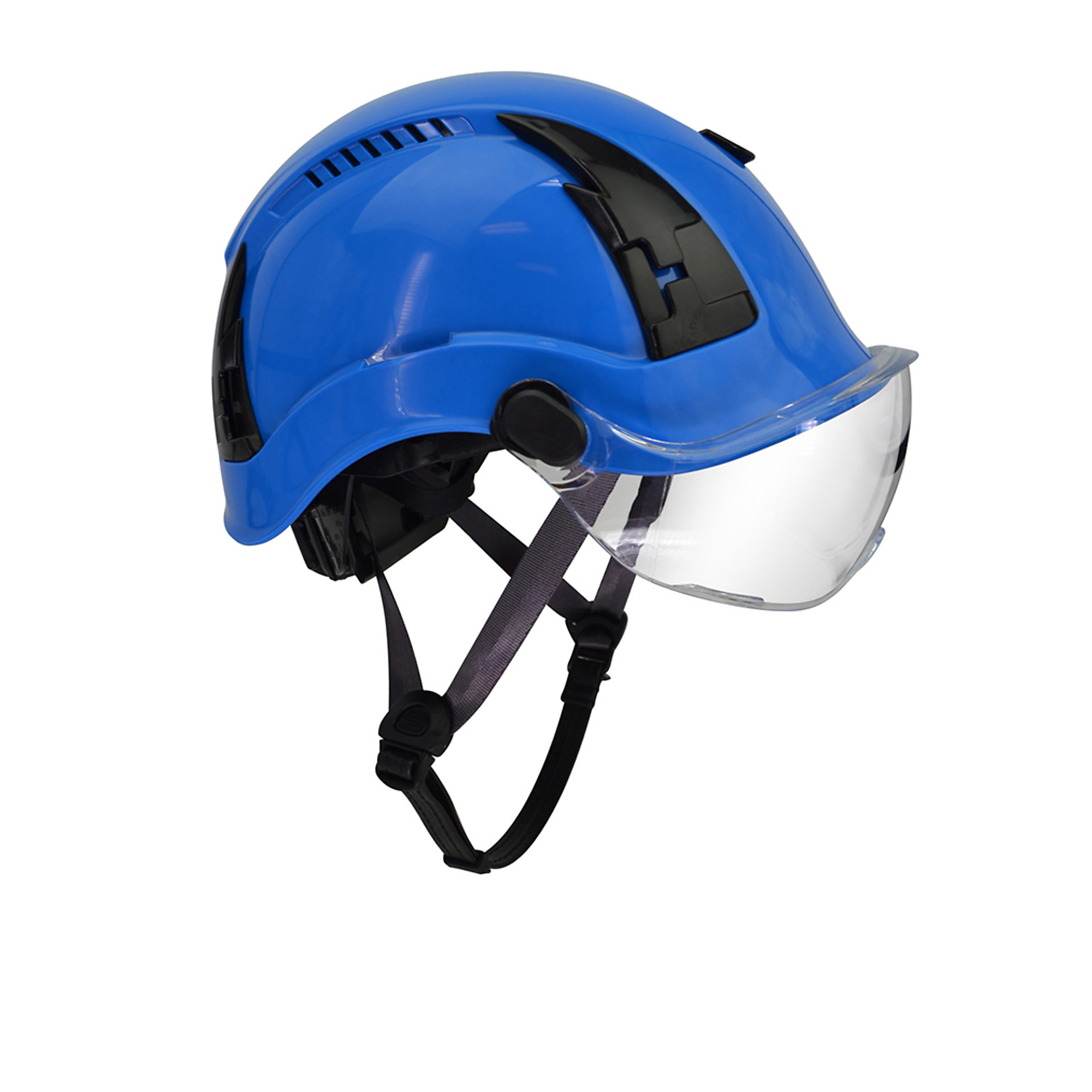 Malta Dynamics Apex Type 2 Safety Helmet with Clear Visor — Blue, Vented, ANSI/OSHA Compliant, 6-Point Suspension, Model# HTBL2001