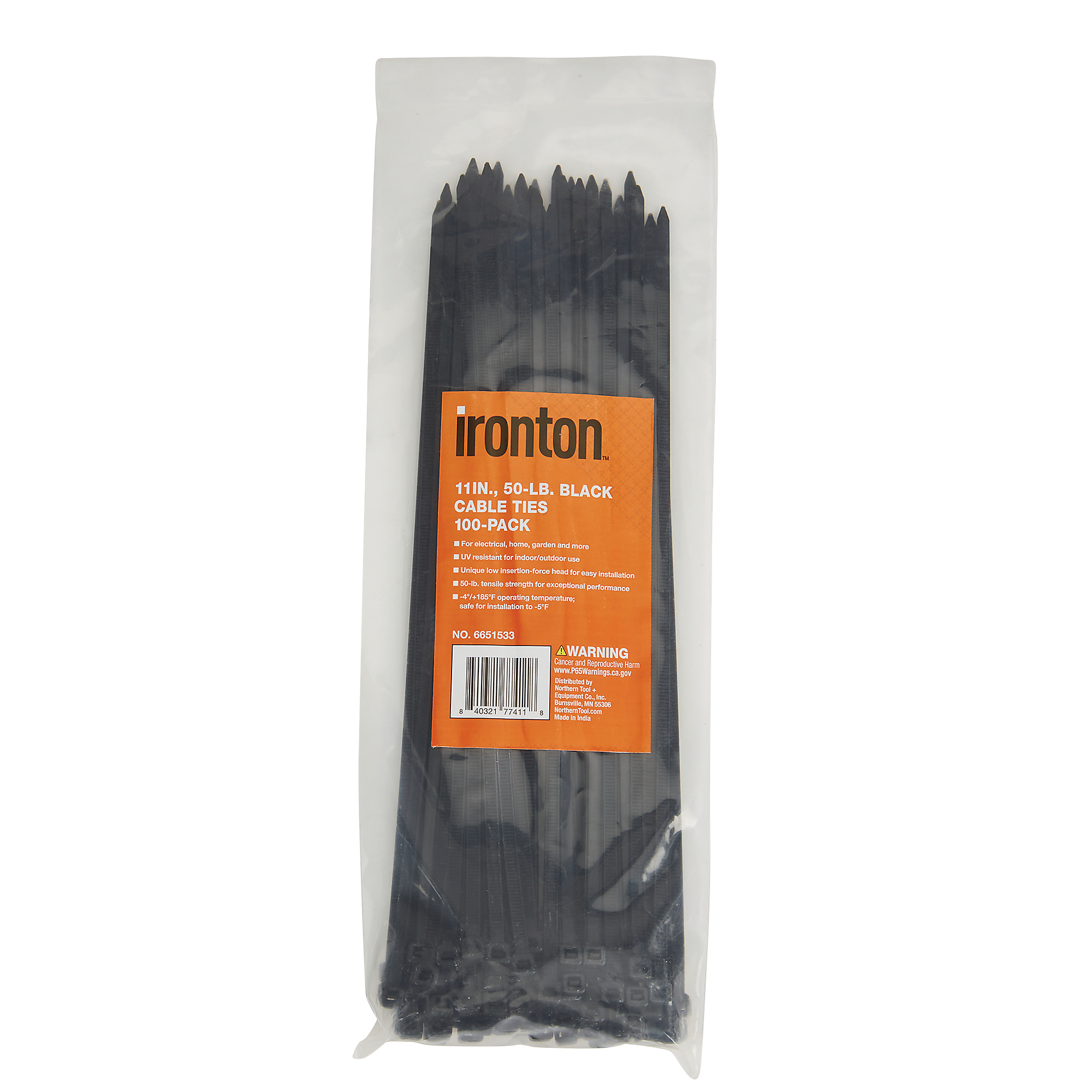 Ironton Cable Ties, 11in., 50-Lb. Tensile Strength, Black, 100-Pk.
