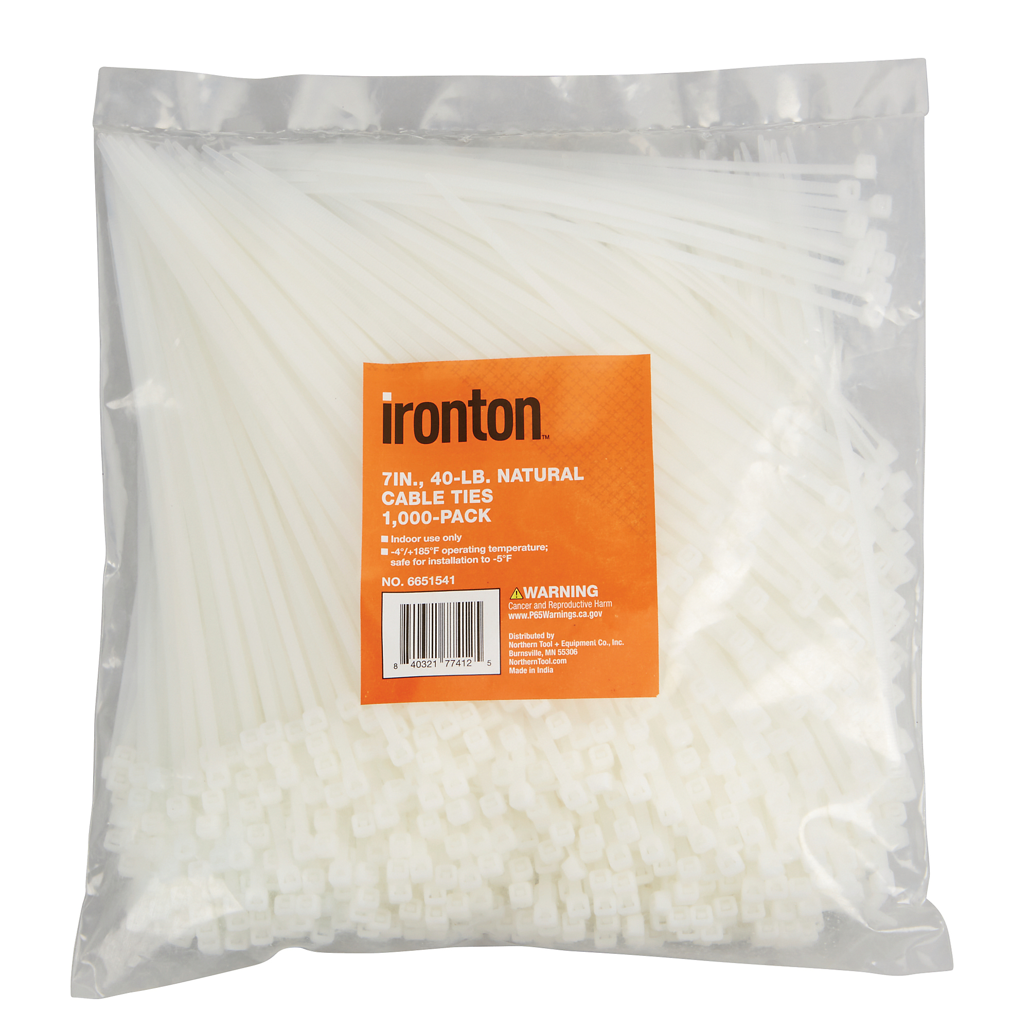 Ironton Cable Ties, 7in., 40-Lb. Tensile Strength, Natural, 1000-Pk.