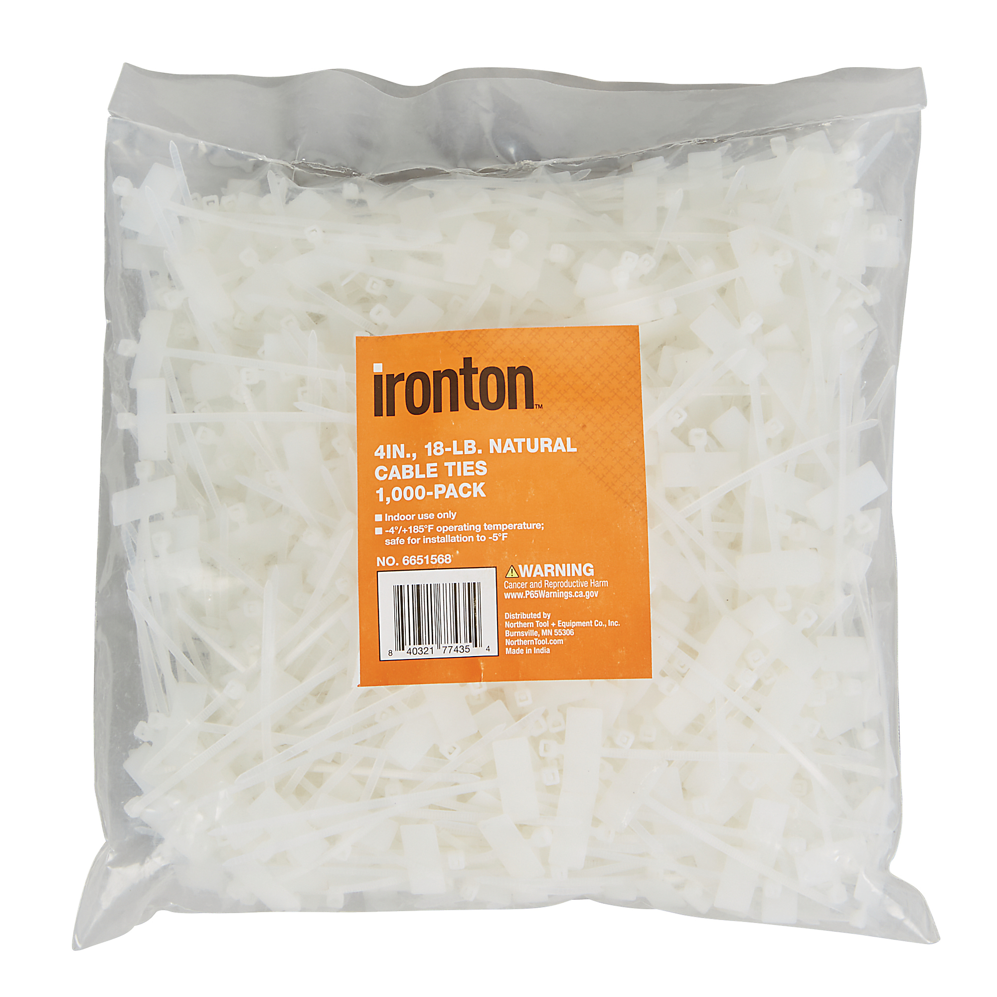 Ironton Cable Ties, 4in., 18-Lb. Tensile Strength, Natural, 1000-Pk.
