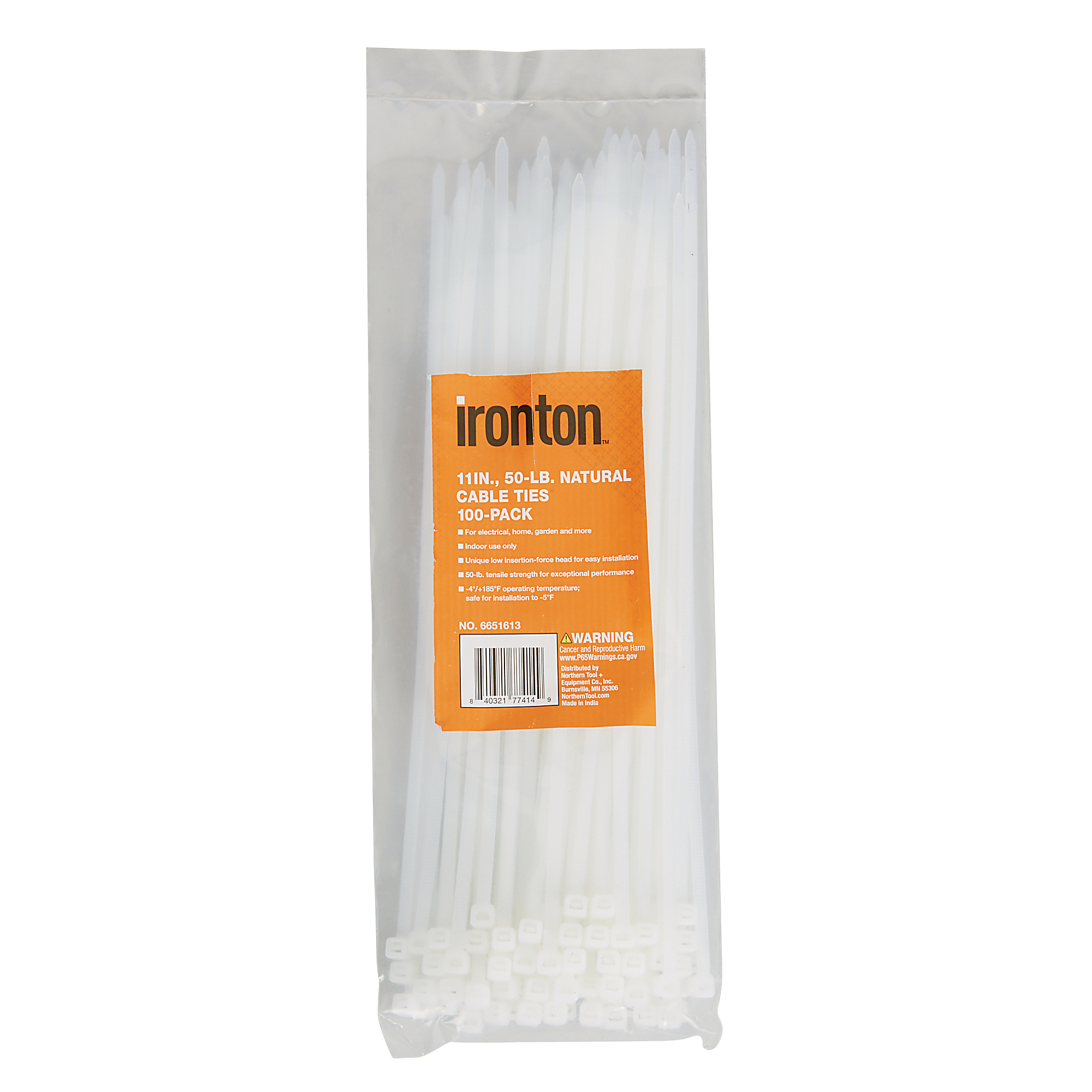 Ironton Cable Ties, 11in., 50-Lb. Tensile Strength, Natural, 100-Pk.