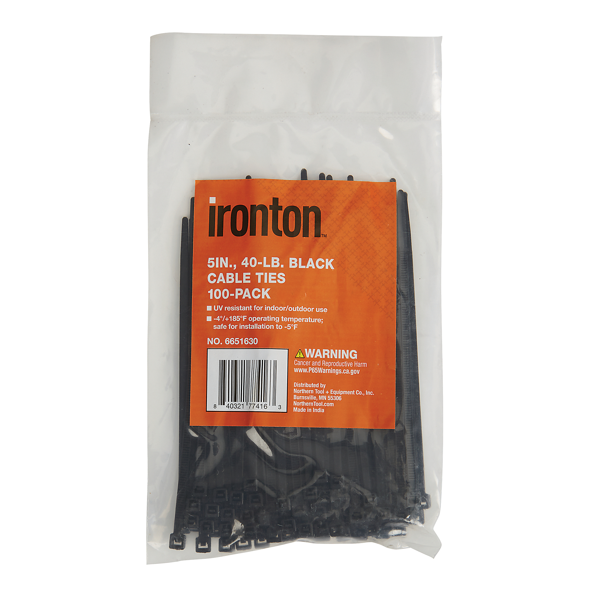 Ironton Cable Ties, 5in., 40-Lb. Tensile Strength, Black, 100-Pk.