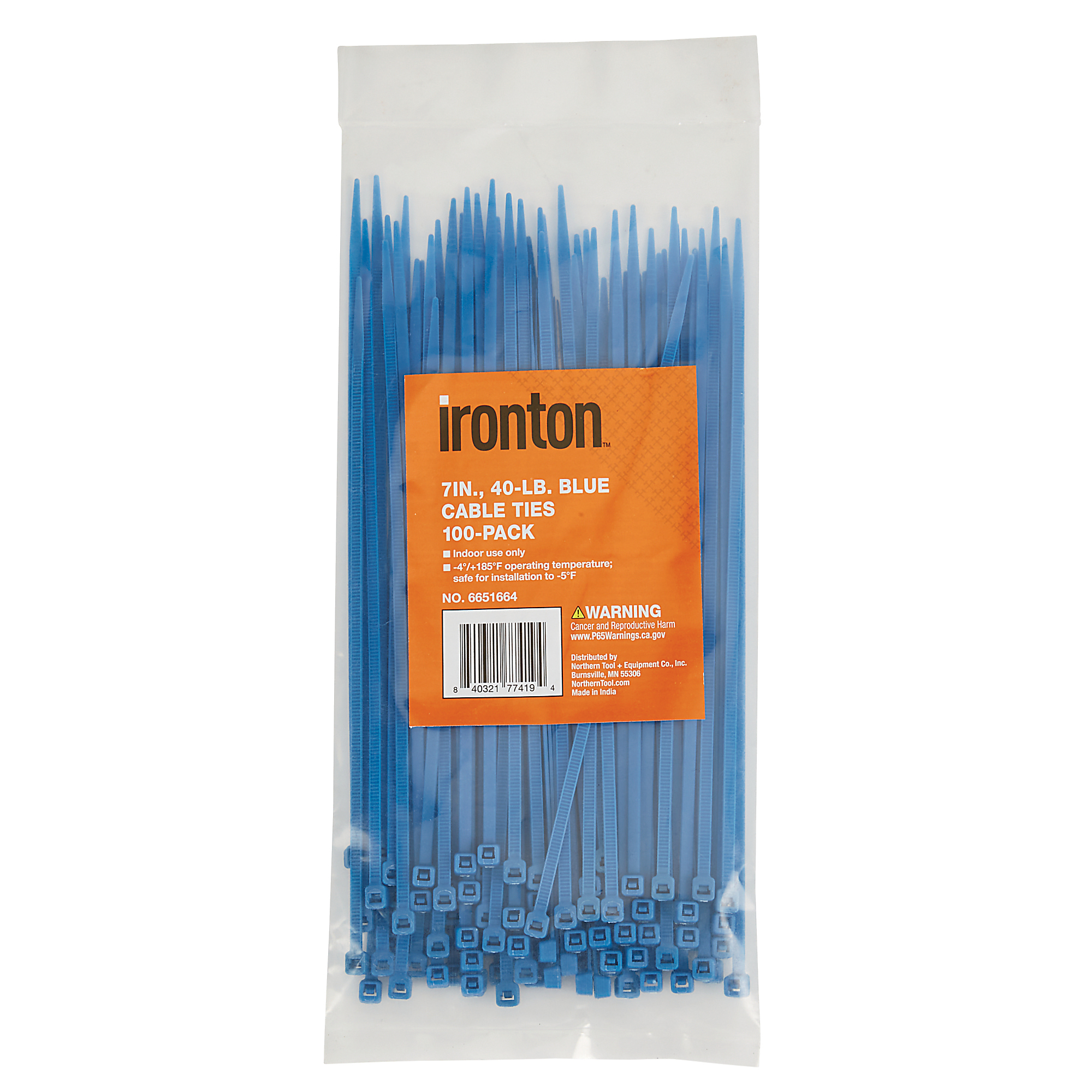 Ironton Cable Ties, 7in., 40-Lb. Tensile Strength, Blue, 100-Pk.