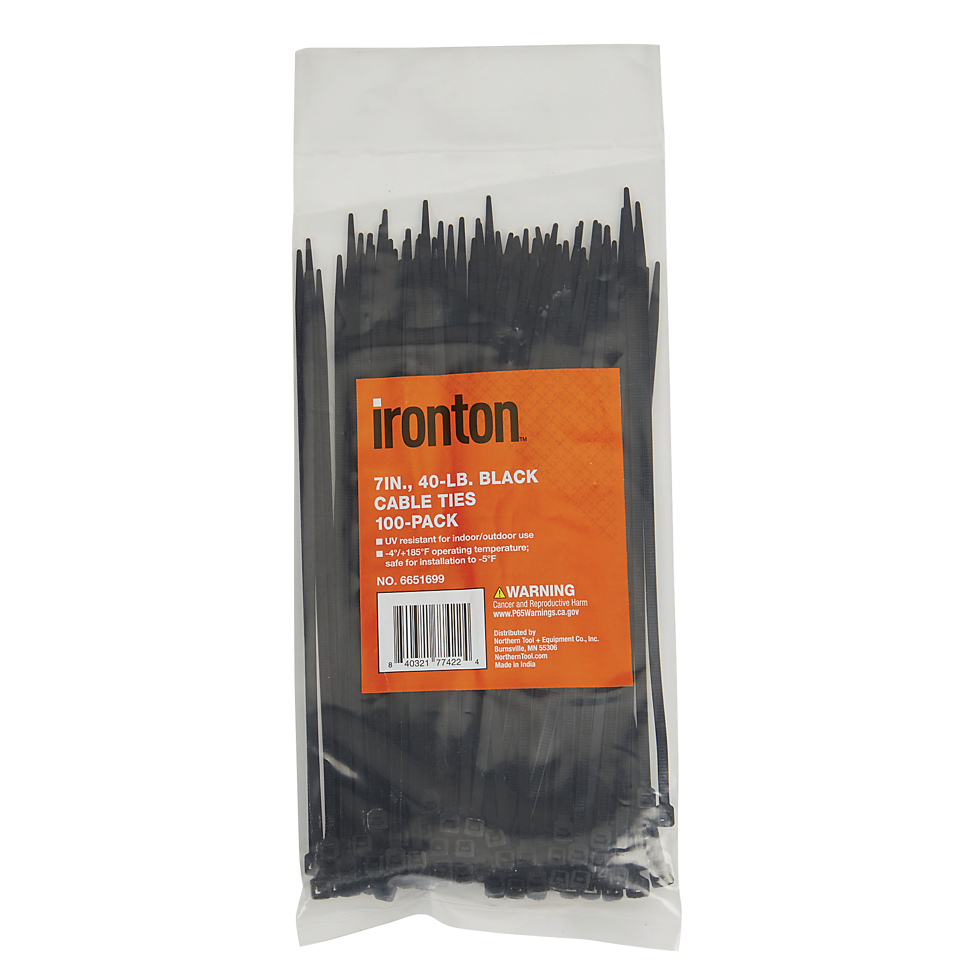 Ironton Cable Ties, 7in., 40-Lb. Tensile Strength, Black, 100-Pk.