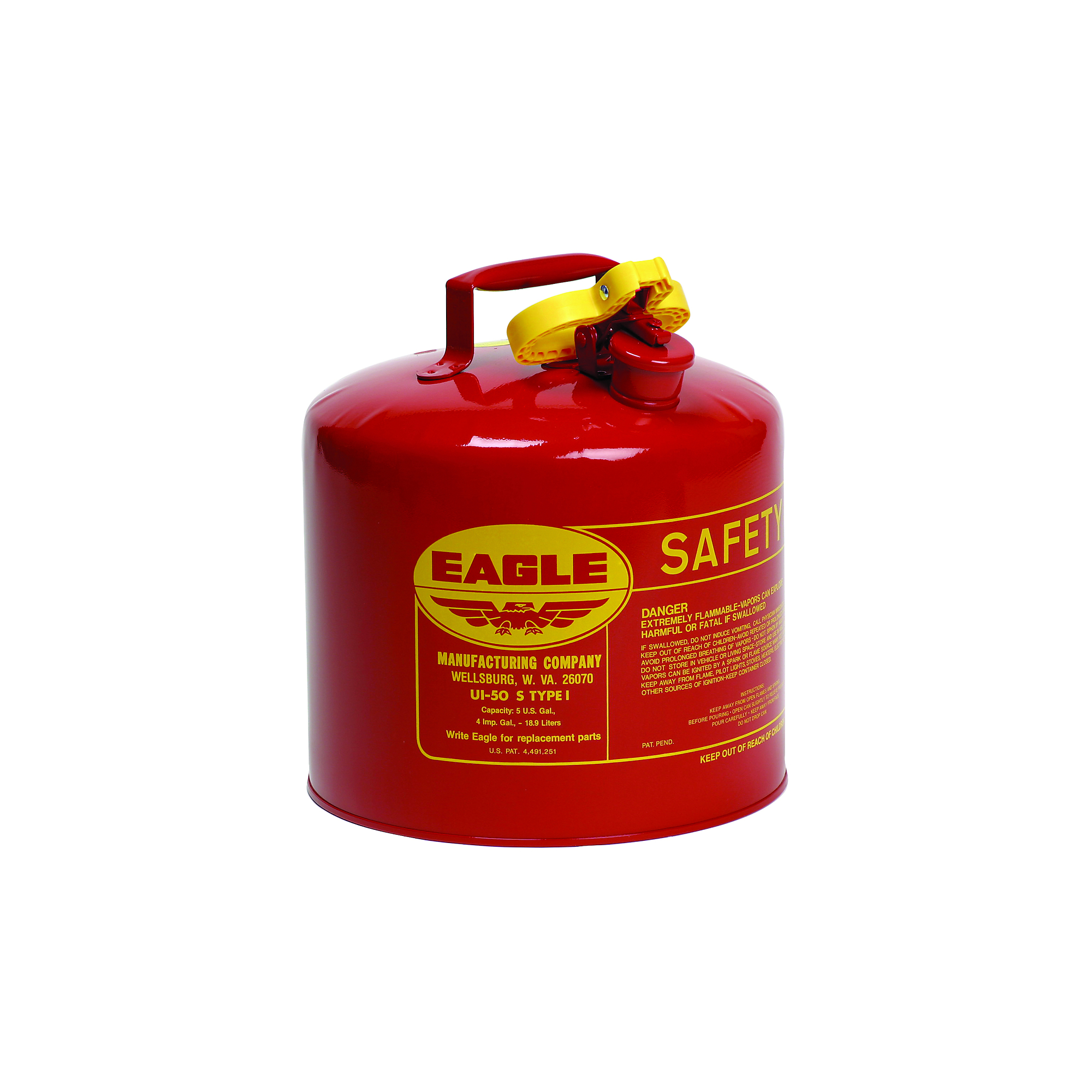 Eagle 5 Gallon Steel Safety Can for Flammables, Type I, Flame Arrester, Red - UI50S