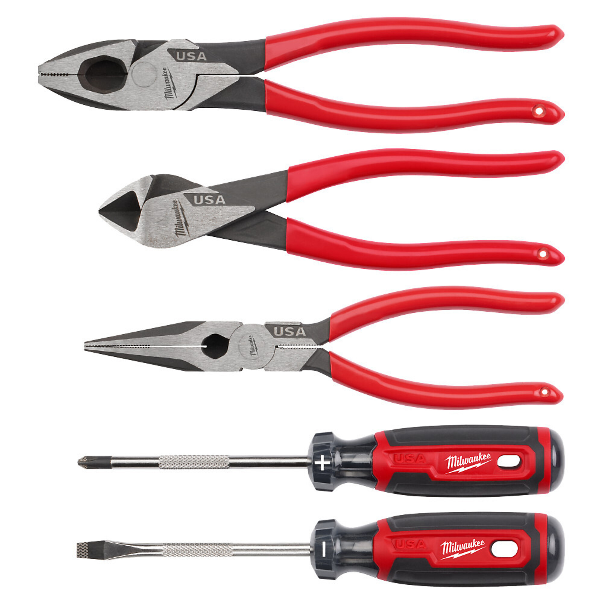 Milwaukee 5PC Dipped Grip Cutting Pliers & Cushion Grip Screwdrivers Set (USA), Model# MT500-5