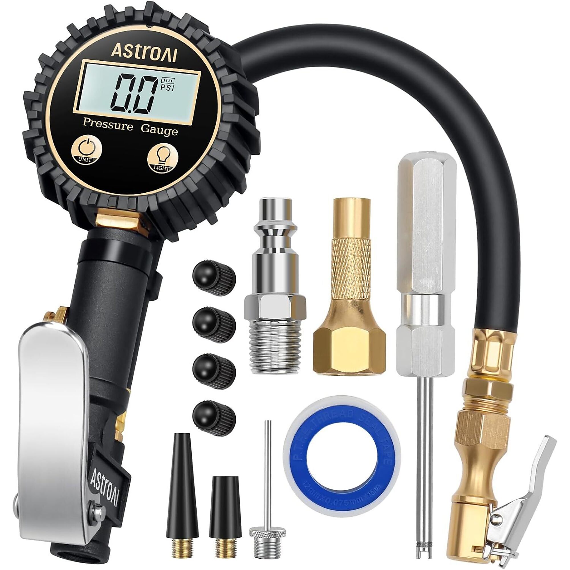 AstroAI Digital Tire Pressure Gauge with Inflator — 3-250 PSI, 0.1 Display Resolution, Heavy-Duty Air Chuck, Rubber Hose, Quick Connect Coupler, Model# ASIDTIG250SIL