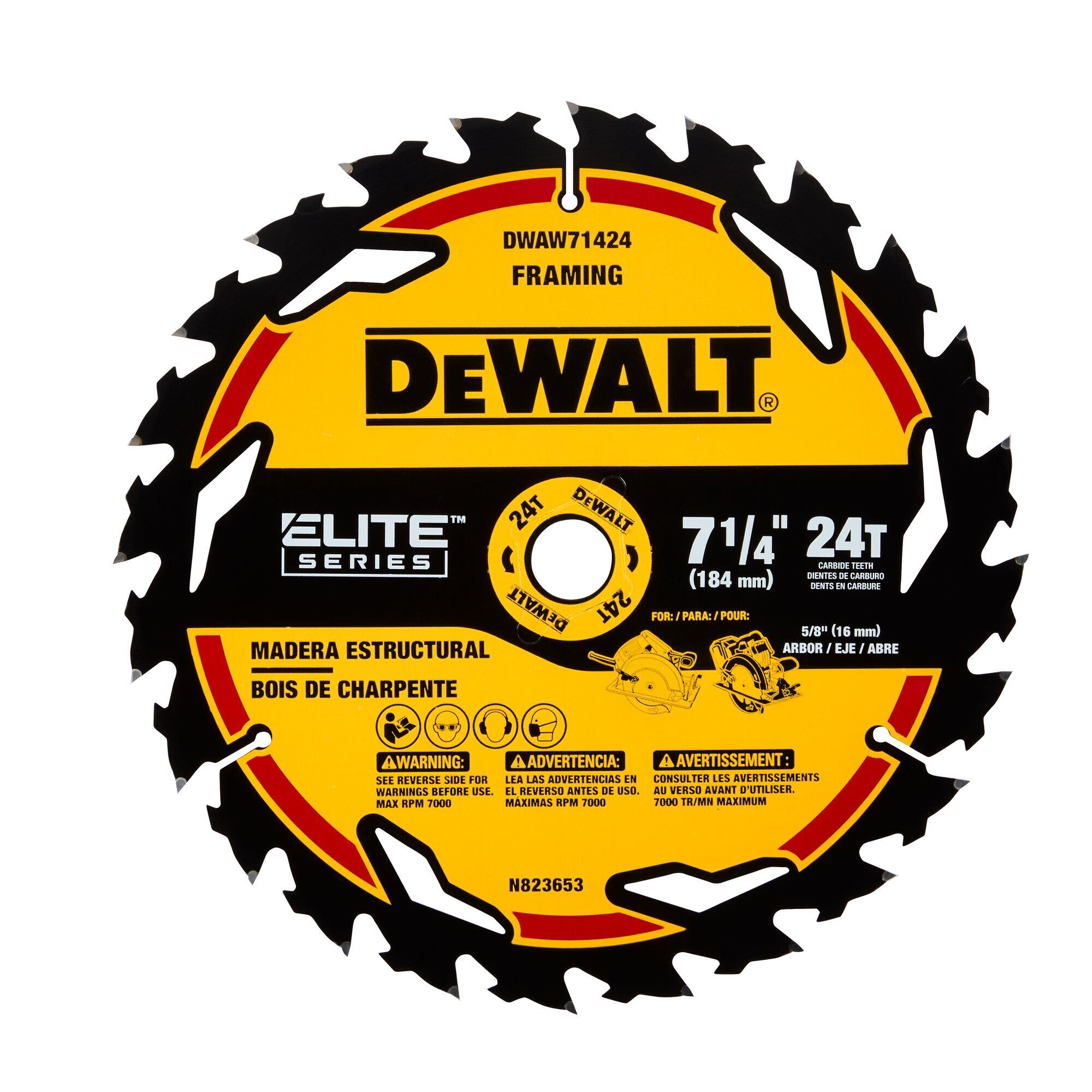 DEWALT ELITE SERIES 7-1/4in. Carbide Circular Saw Blade 24 Tooth, 5/8in. Arbor, Model# DWAW71424