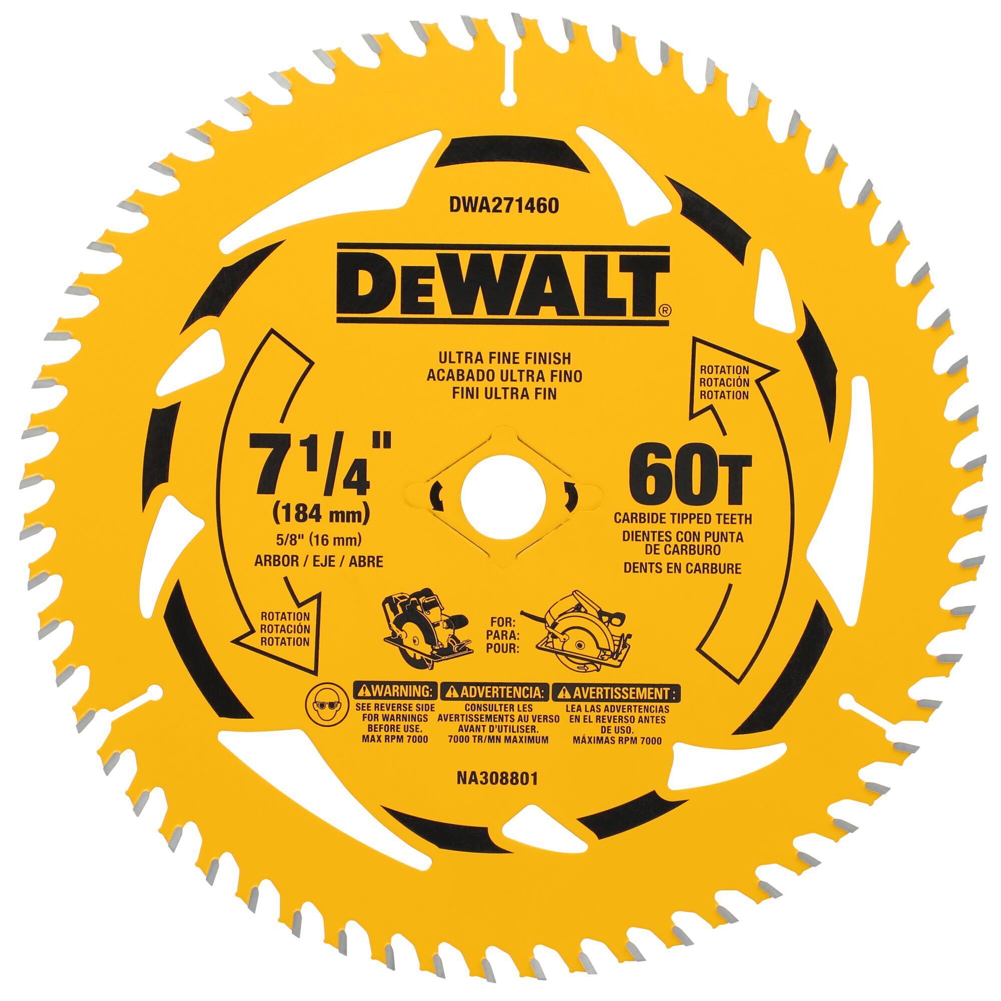 DEWALT 7-1/4in. 60T Circular Saw Blade, PTFE Coating, Heat Vents, Fine Finish, Model# DWA271460