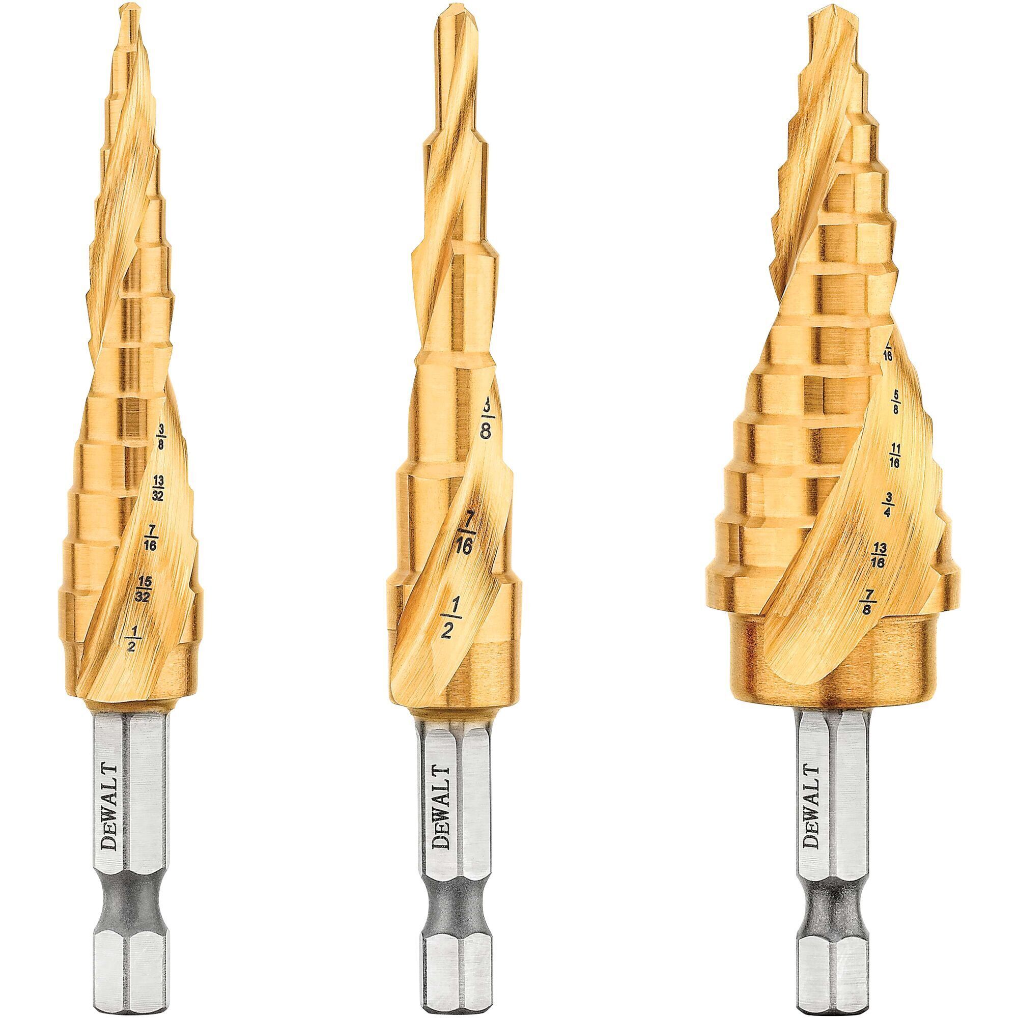 DEWALT 1/8in.–7/8in. IMPACT READY Step Drill Bit Set, Titanium Nitride Coating, 3 Pcs., Model# DWA1790IR