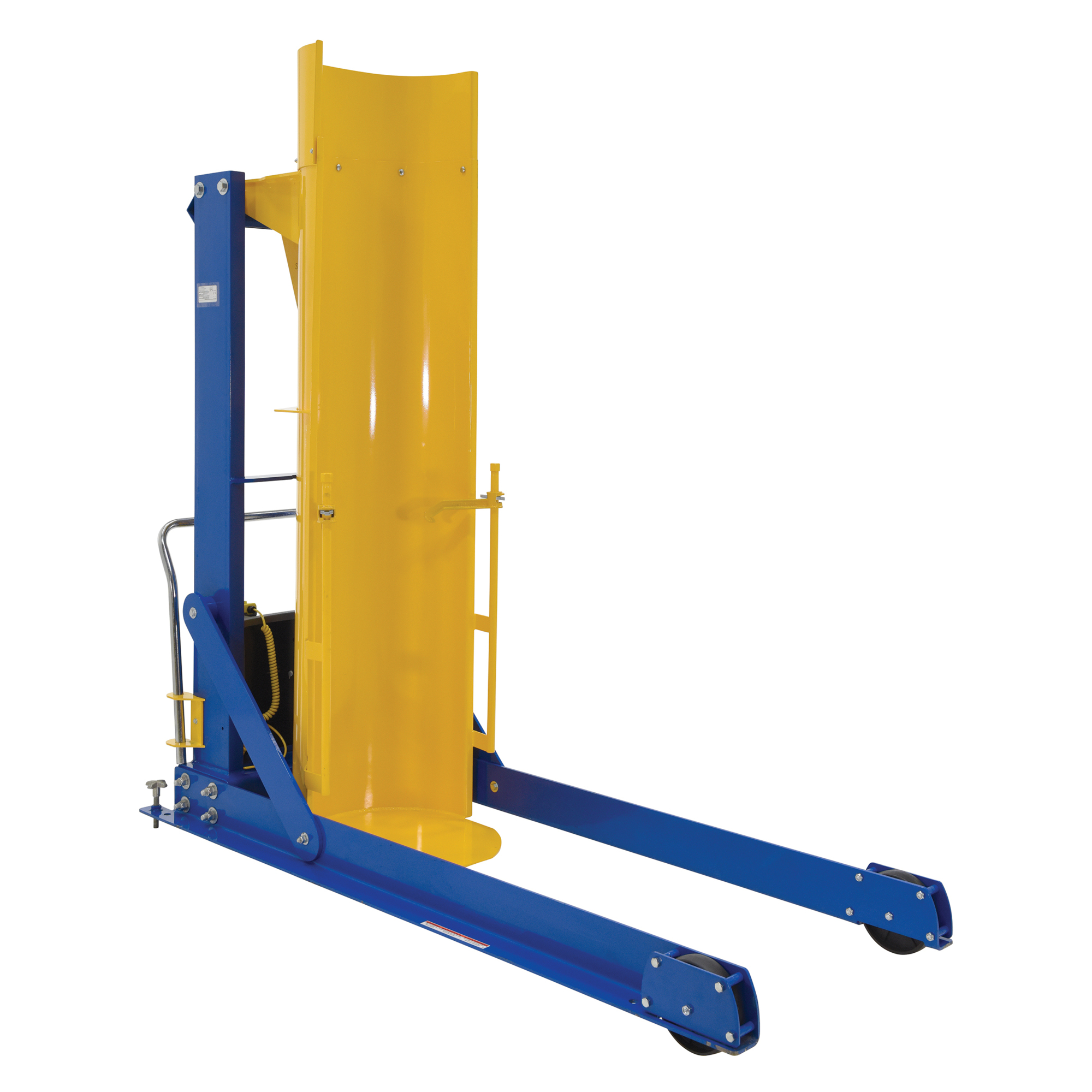 Vestil Steel DC Powered Portable Hydraulic Drum Dumper — 72in. Dump Height, 1,000-Lb. Capacity, Blue/Yellow, Model# HDD-72-10-P-DC