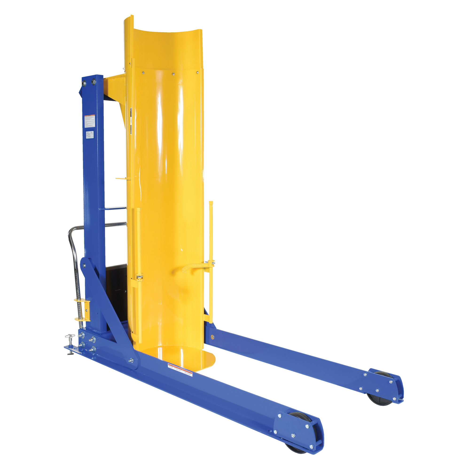 Vestil Steel DC Powered Portable Hydraulic Drum Dumper — 60in. Dump Height, 1,000-Lb. Capacity, Blue/Yellow, Model# HDD-60-10-P-DC