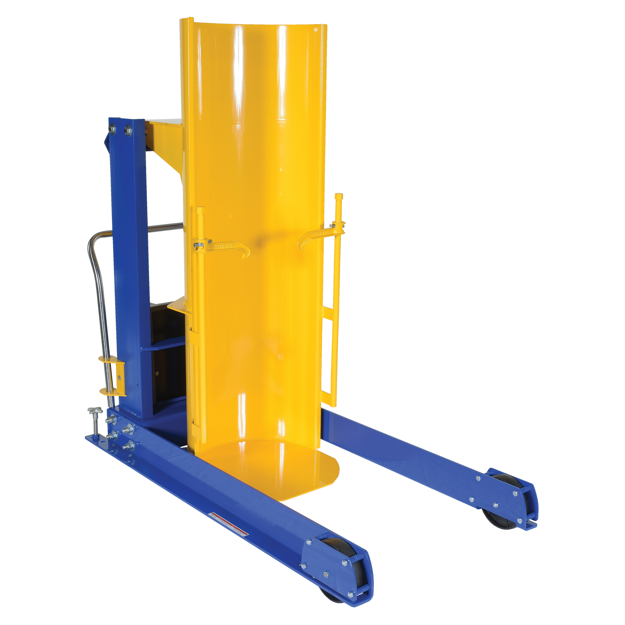 Vestil Steel DC Powered Portable Hydraulic Drum Dumper — 72in. Dump Height, 750-Lb. Capacity, Blue/Yellow, Model# HDD-72-7-P-DC