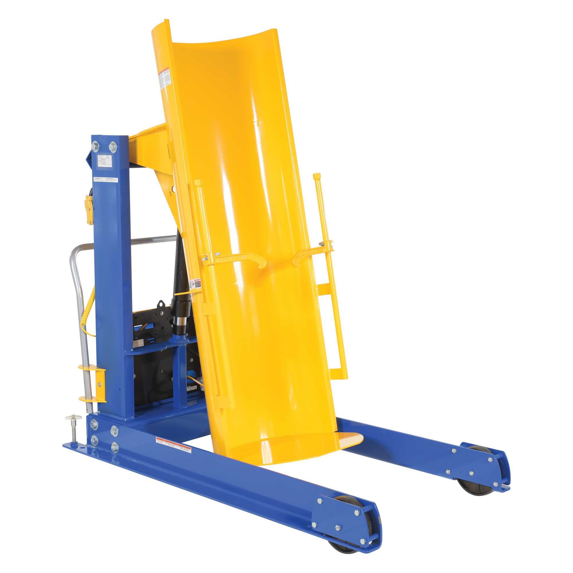 Vestil Steel DC Powered Portable Hydraulic Drum Dumper — 48in. Dump Height, 1,000-Lb. Capacity, Blue/Yellow, Model# HDD-48-10-P-DC