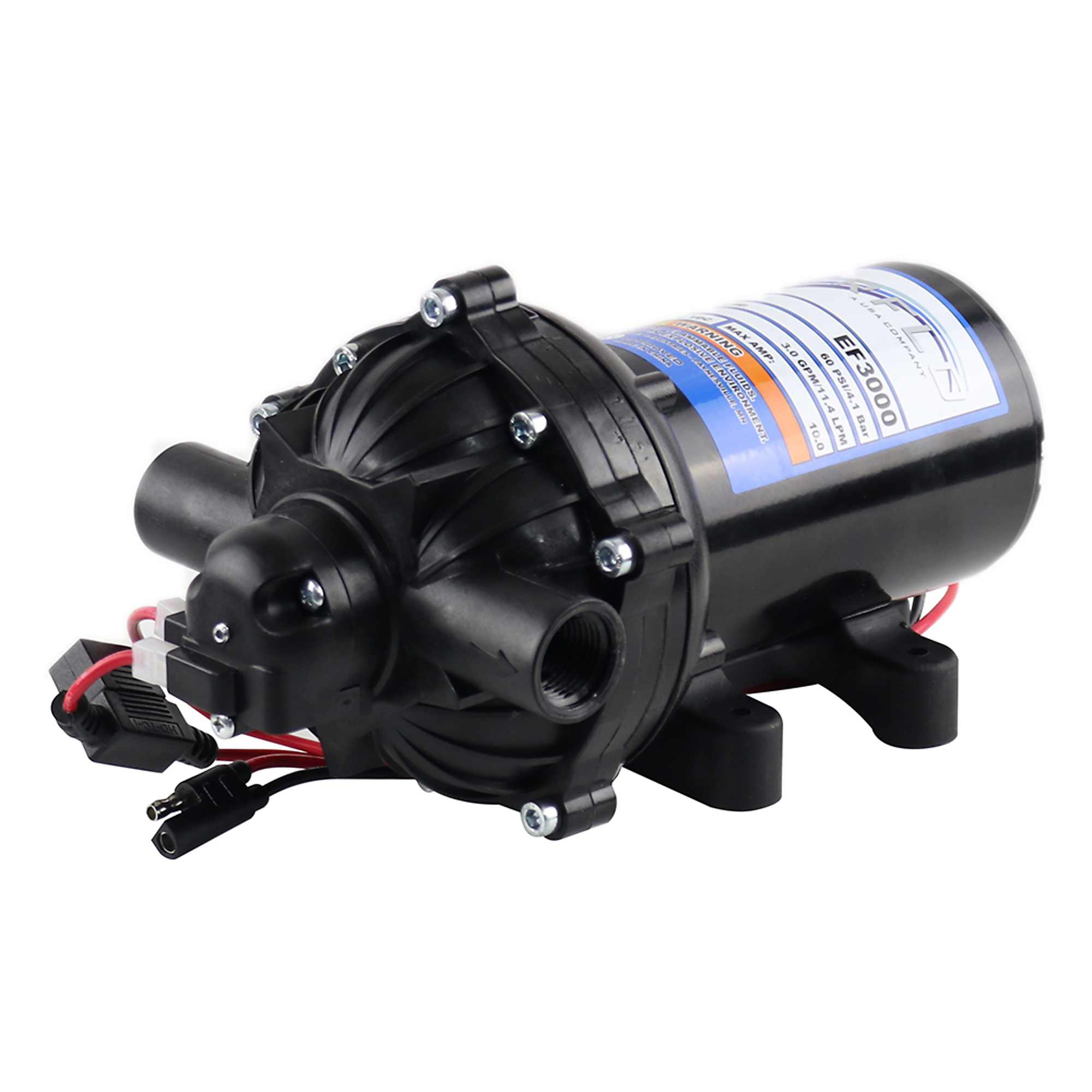 Everflo 12V On-Demand Diaphragm Pump - 3.0GPM, 60 PSI Max, 1/2" FNPT Ports, Model# EF3000-BOX
