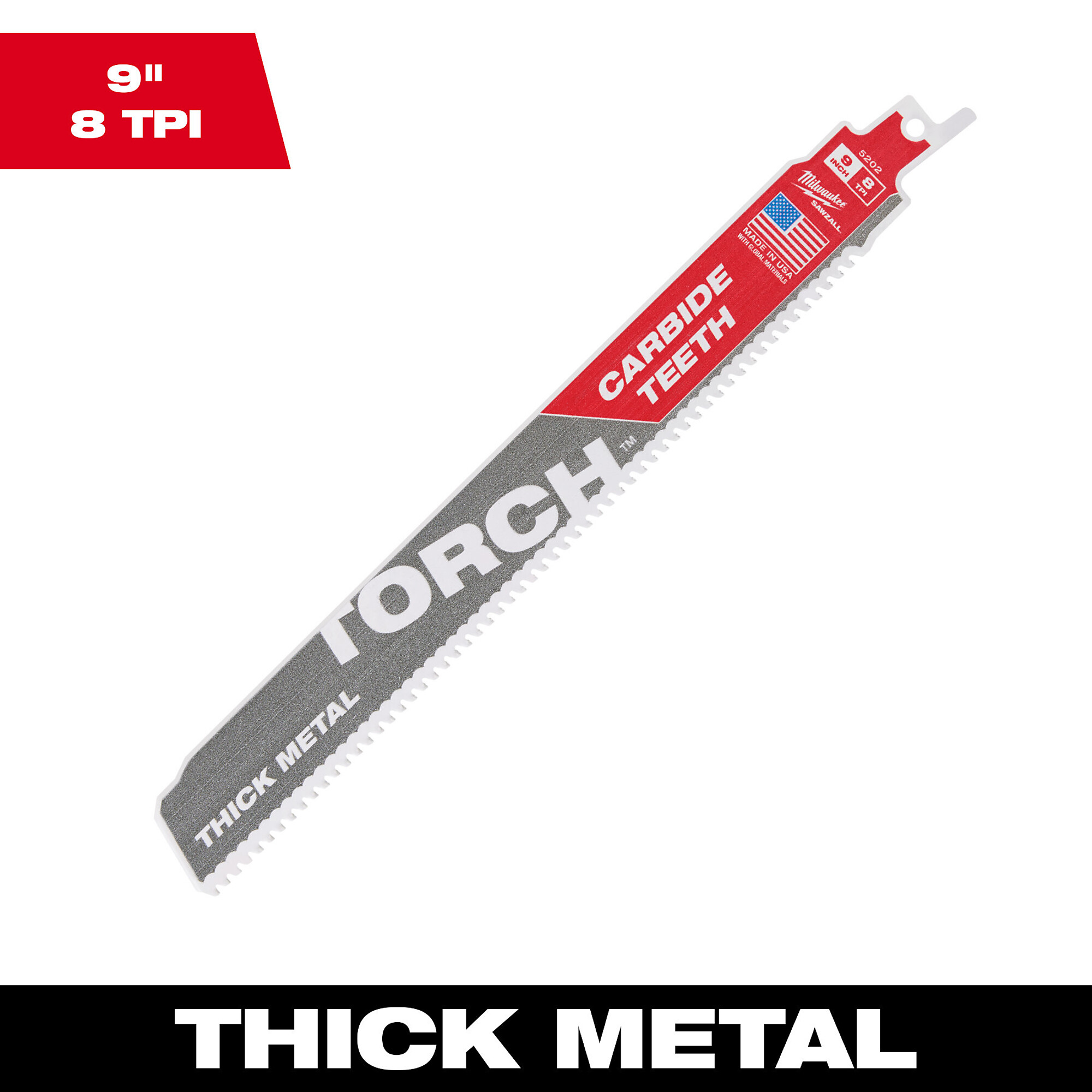 Milwaukee Torch Reciprocating Saw Demolition Blade, 9in.L, 7 TPI, With Carbide Teeth, Model 48-00-5201