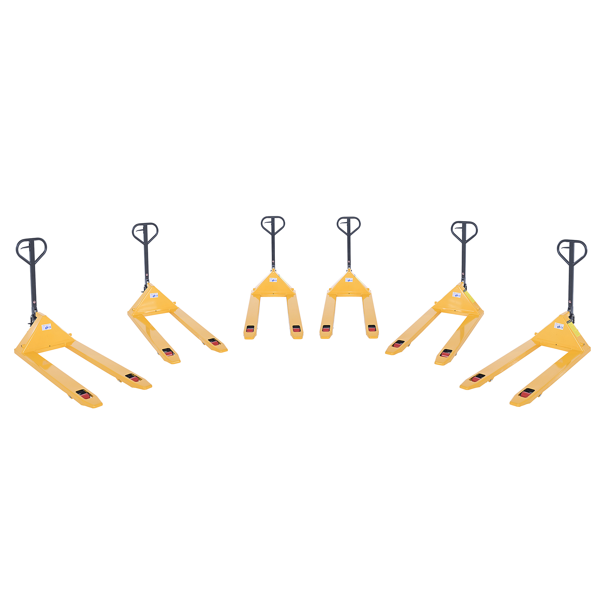 Vestil Economy Pallet Truck — 62in. x 29in. x 48in., 4400-Lb. Capacity, Steel, Hand and Foot Release, Yellow, 6 Pcs, Model# PM4-2748-E-6PKG
