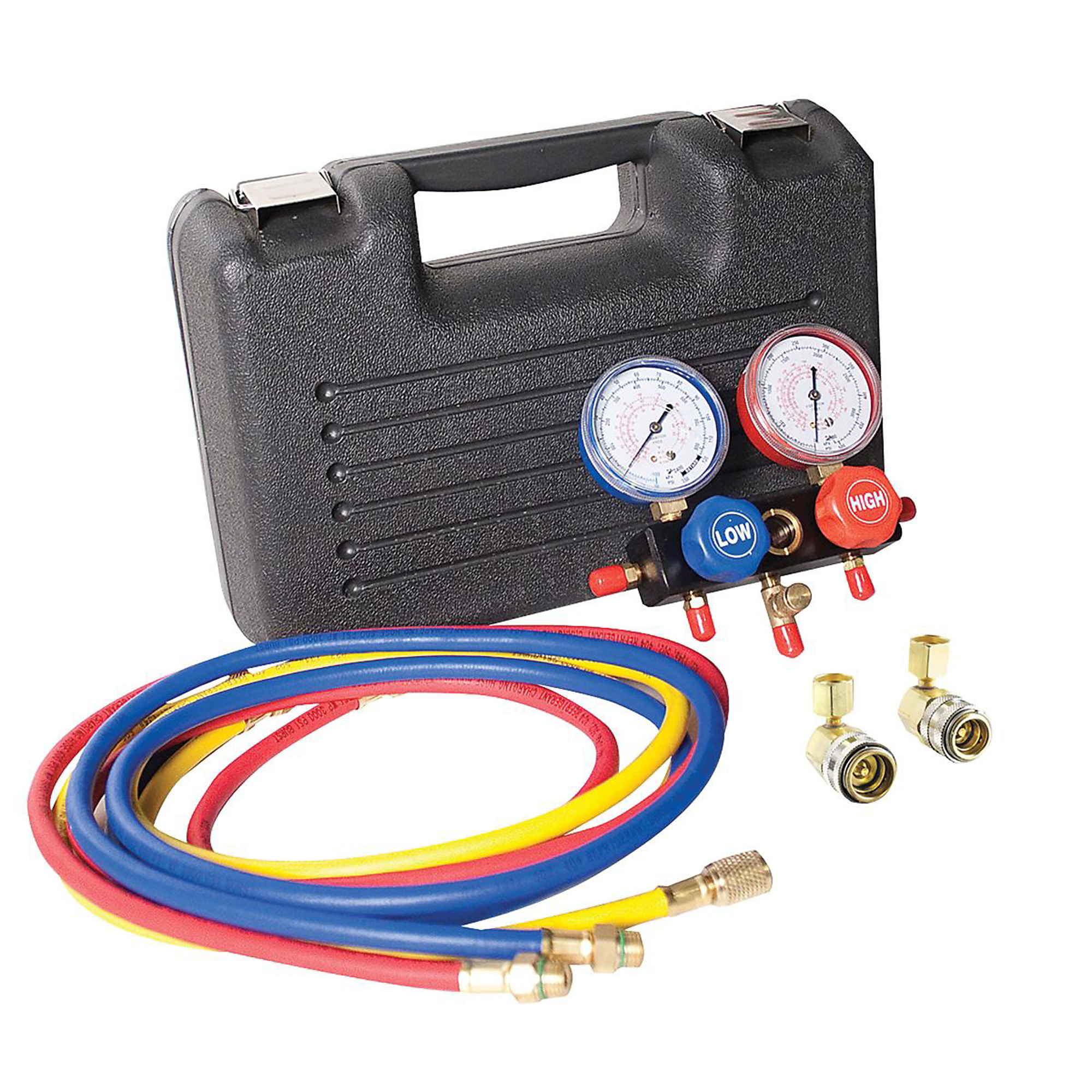 FJC Manifold Gauge Set with Case — Aluminum Block, Sight Glass, Anti-Flutter, Additional Access Port, Model# FJC6760SPC60