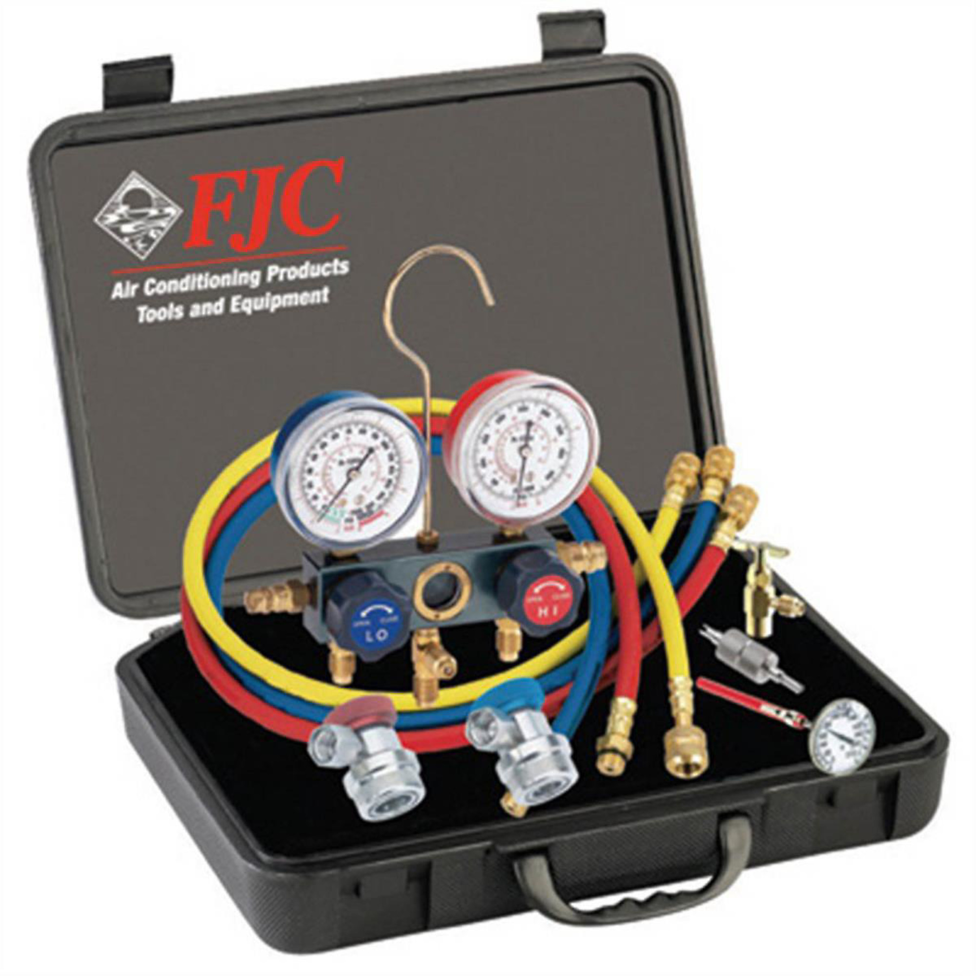 FJC R134a Aluminum Manifold Set — 72in. Hoses, Manual Coupler, Bi-Metal Pocket Thermometer, Can Tap, Valve Core Remover, Model# FJC6785