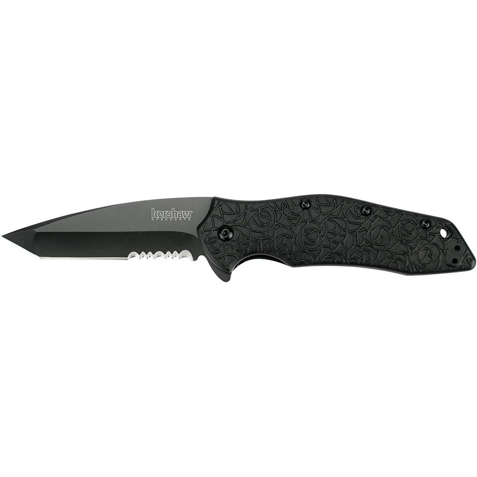 Kershaw Kuro Tanto-Serrated Assisted Open Liner Lock Folding Pocket Knife — Black, Model# KER1835TBLKST