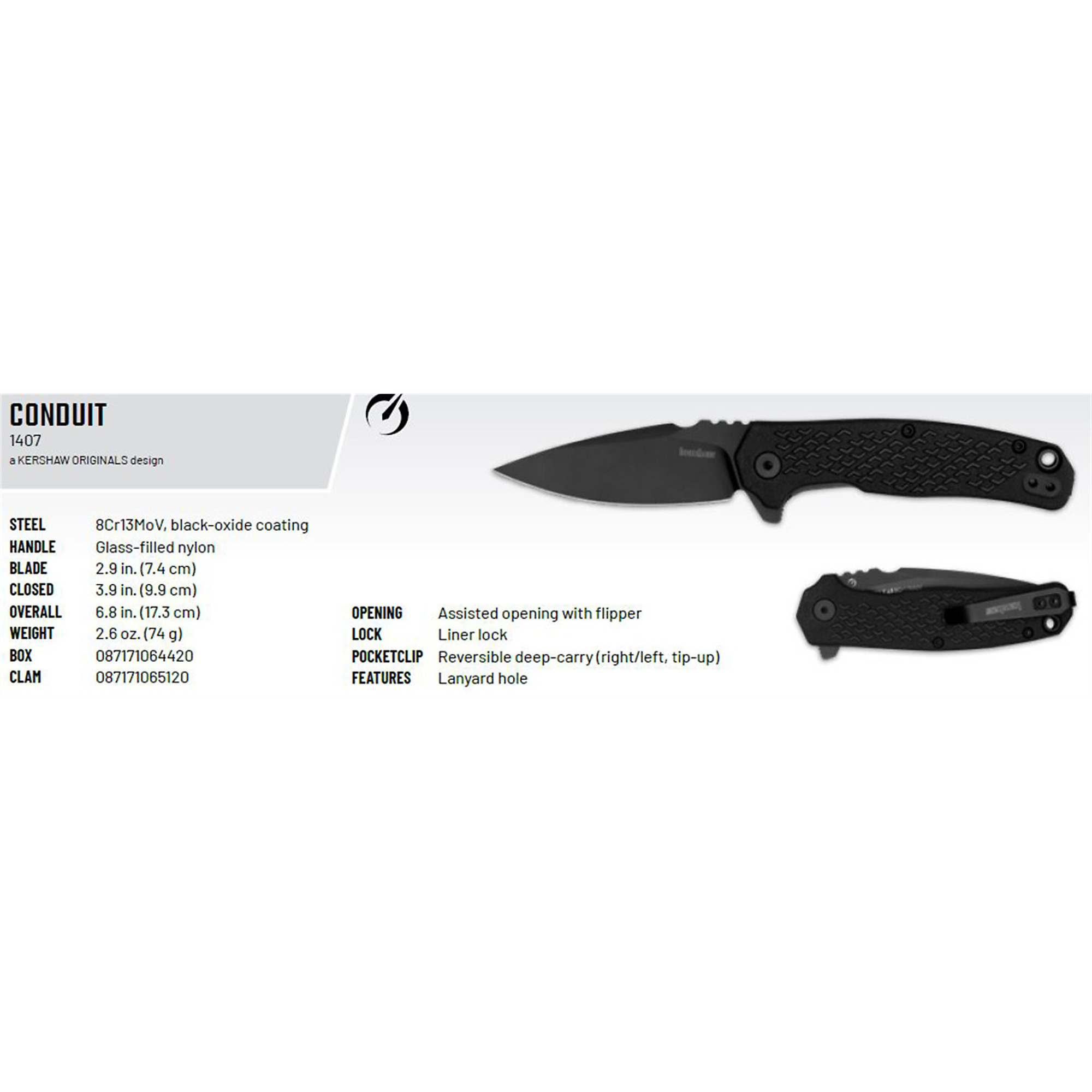 Kershaw Conduit Assisted Open Liner Lock Tactical Folding Pocket Knife — Spear Point Blade, Black-Oxide Coating, Reversible Deep-Carry Pocket Clip, Black, Model# KER1407