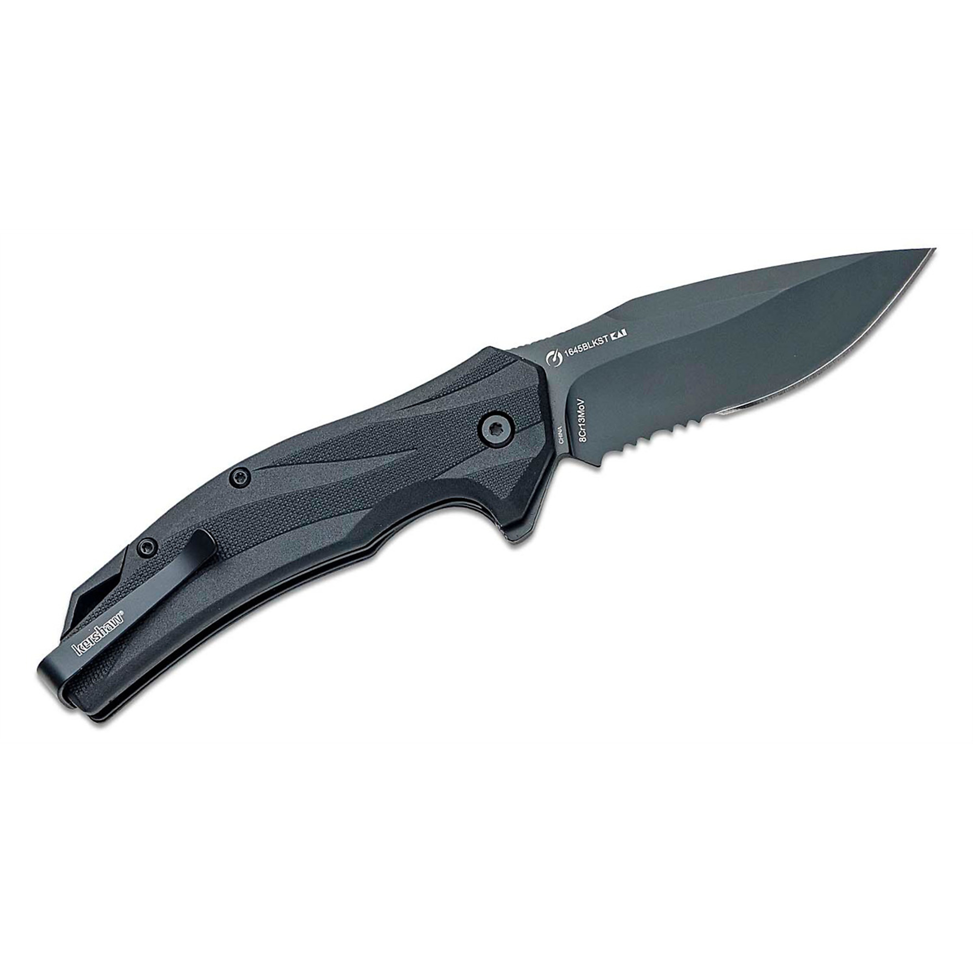 Kershaw Lateral-Serrated Assisted Open Liner Lock Folding Pocket Knife — 3.1in. Drop Point Blade, Black-Oxide Coating, Glass-Filled Nylon Handle, Model# KER1645BLKST