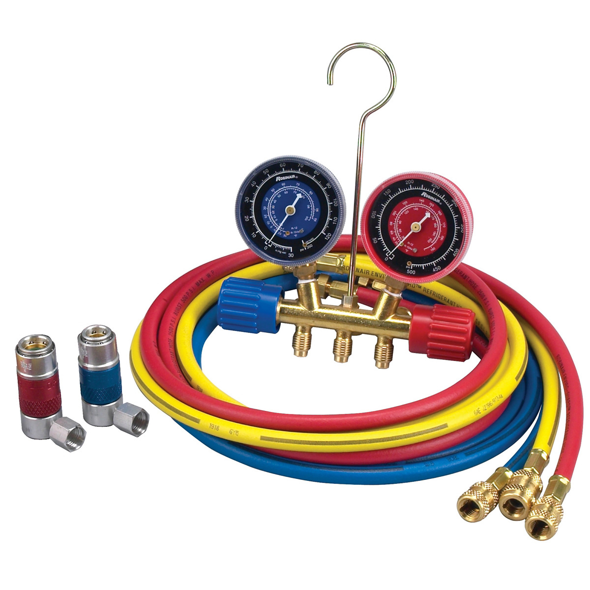 Robinair R134a Manifold Hose Gauge Coupler Kit — Brass Manifold, 72in. Hose, 90 Degree Manual Couplers, Model# ROB45111
