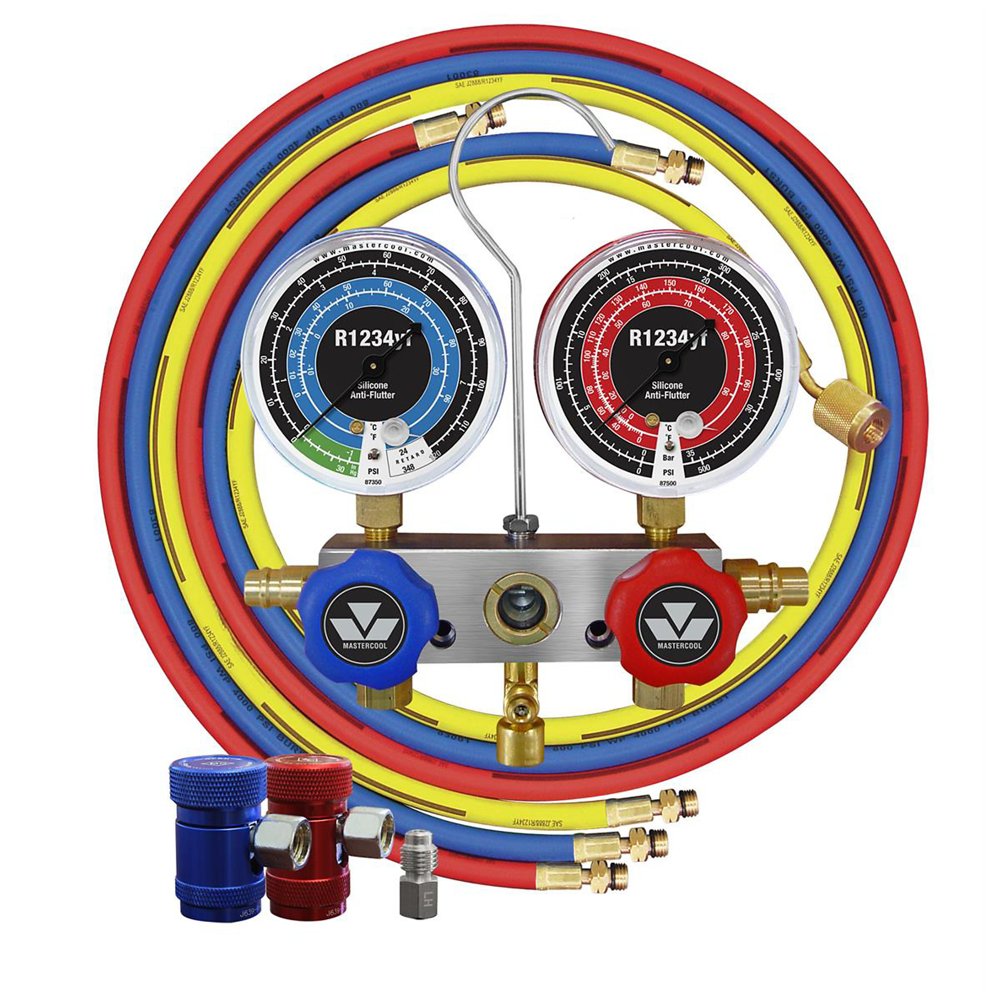 Mastercool R1234yf Gauge Set — Heavy-Duty Aluminum Block, Manual Couplers, 72in. Hoses, Silicone Dampened Gauges, Optical Sightglass, Model# MSC83272