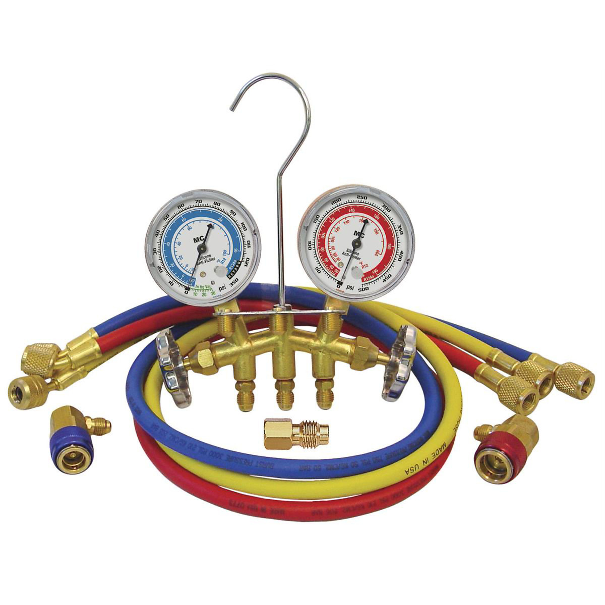 Mastercool Dual Gauge Set — Brass, 72in. Hoses, Anti-Flutter, R-134A Couplers, Model# MSC66773