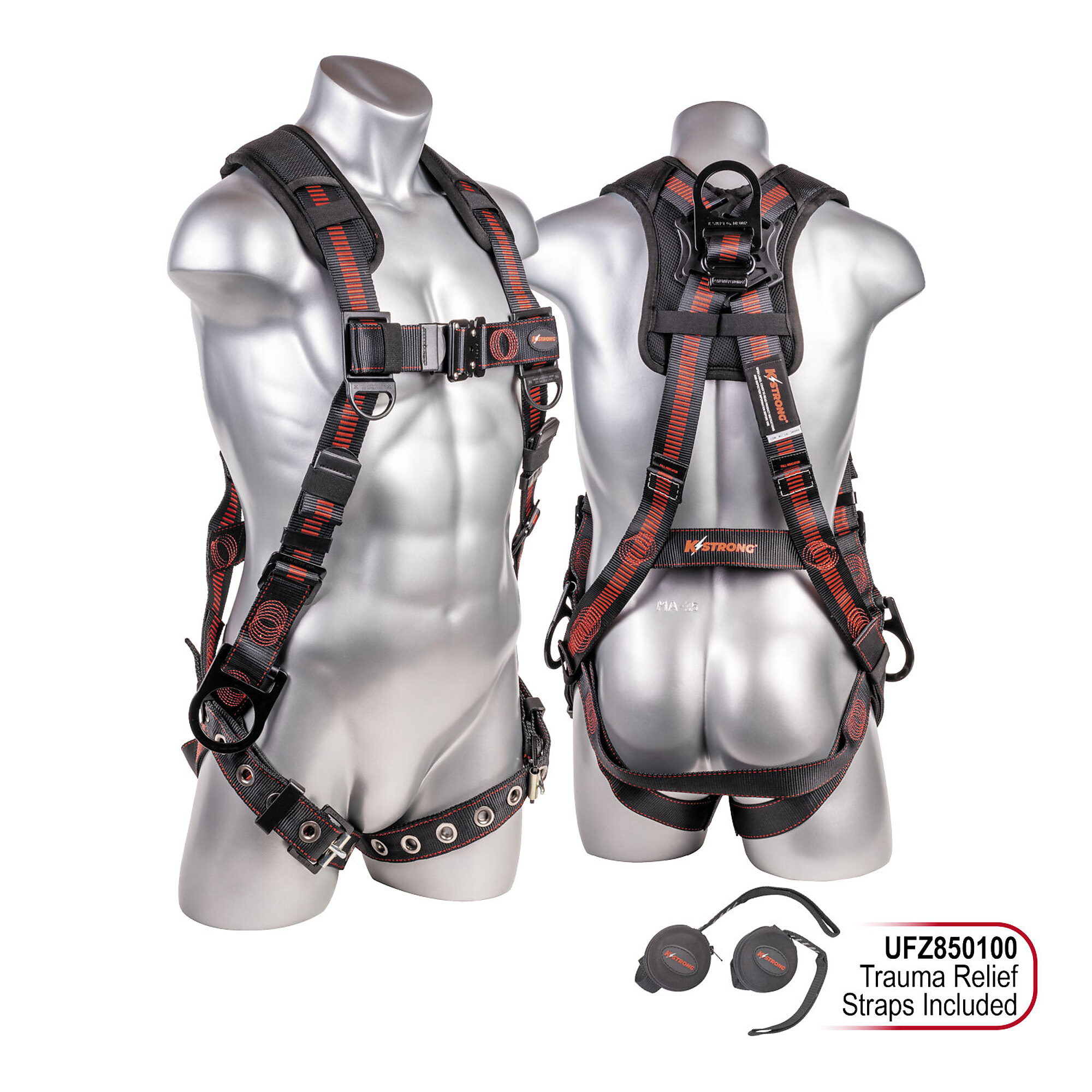 KStrong Kapture Elite+ 5-Point Full Body Harness — XL-2XL, Enhanced Dorsal D-Ring Plus, Side D-Rings, Quick-Connect Chest, Tongue Buckle Legs, All Black Fittings, Model# UFH15231GQ-XL-2XL