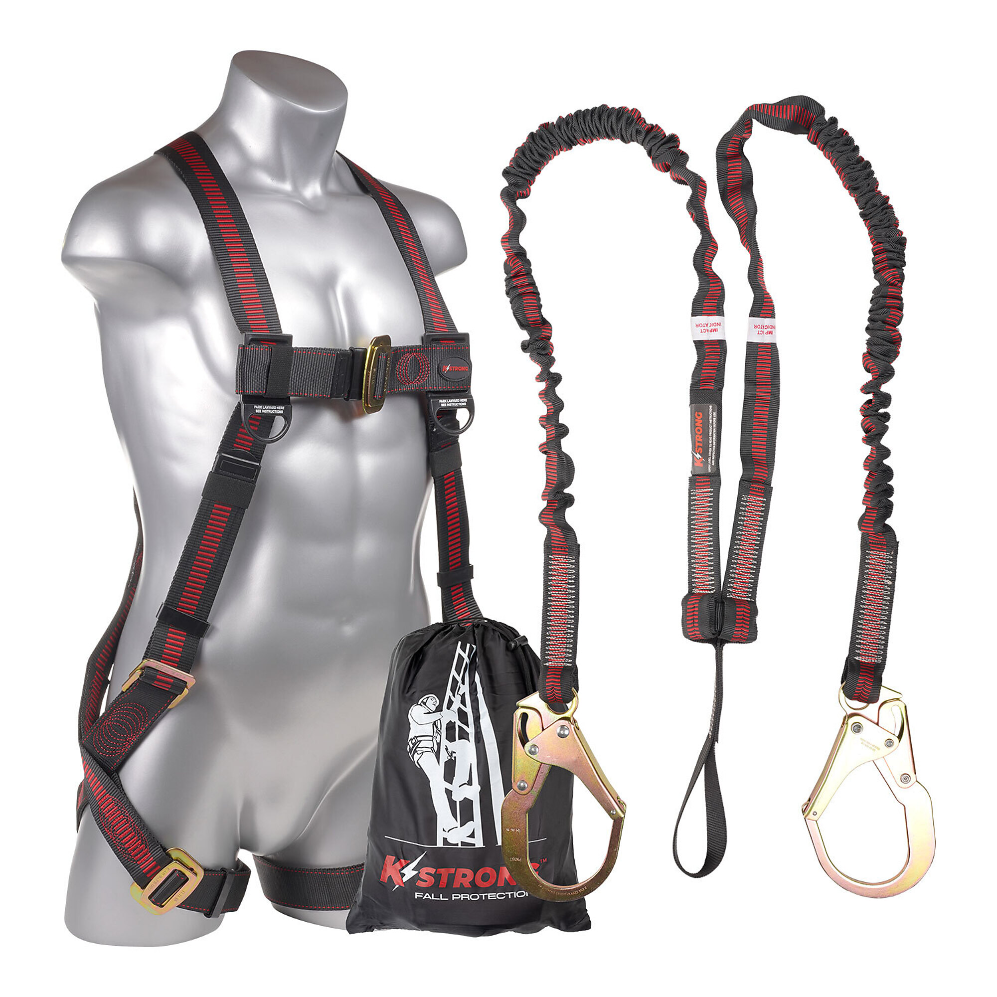 KStrong Kapture Elite 5-Point Full Body Harness — Dorsal D-Ring, Mating Buckle Legs, Integrated 6ft. Shock-Absorbing Lanyard, Loop and Rebar Hooks, L-XL, Model# UFK20025-L-XL
