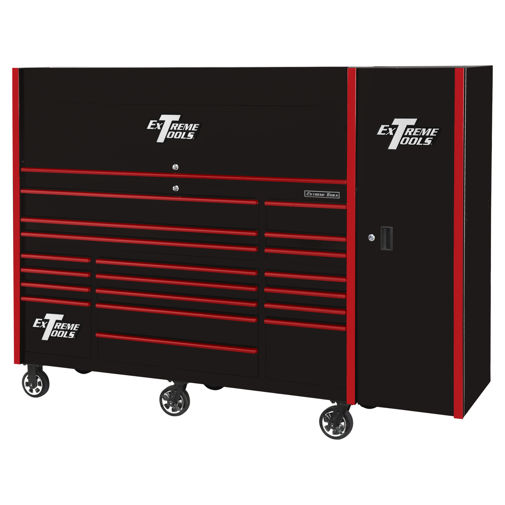 Extreme Tools RX Series 72in W x 30in D Professional Extreme Power Workstation Hutch, 19-Drawer Roller Cabinet-250 lbs Slides and 19in 3-Drawer Side Locker Combo, Black w Blue Dr Pulls, Model # RX7225HRSKR