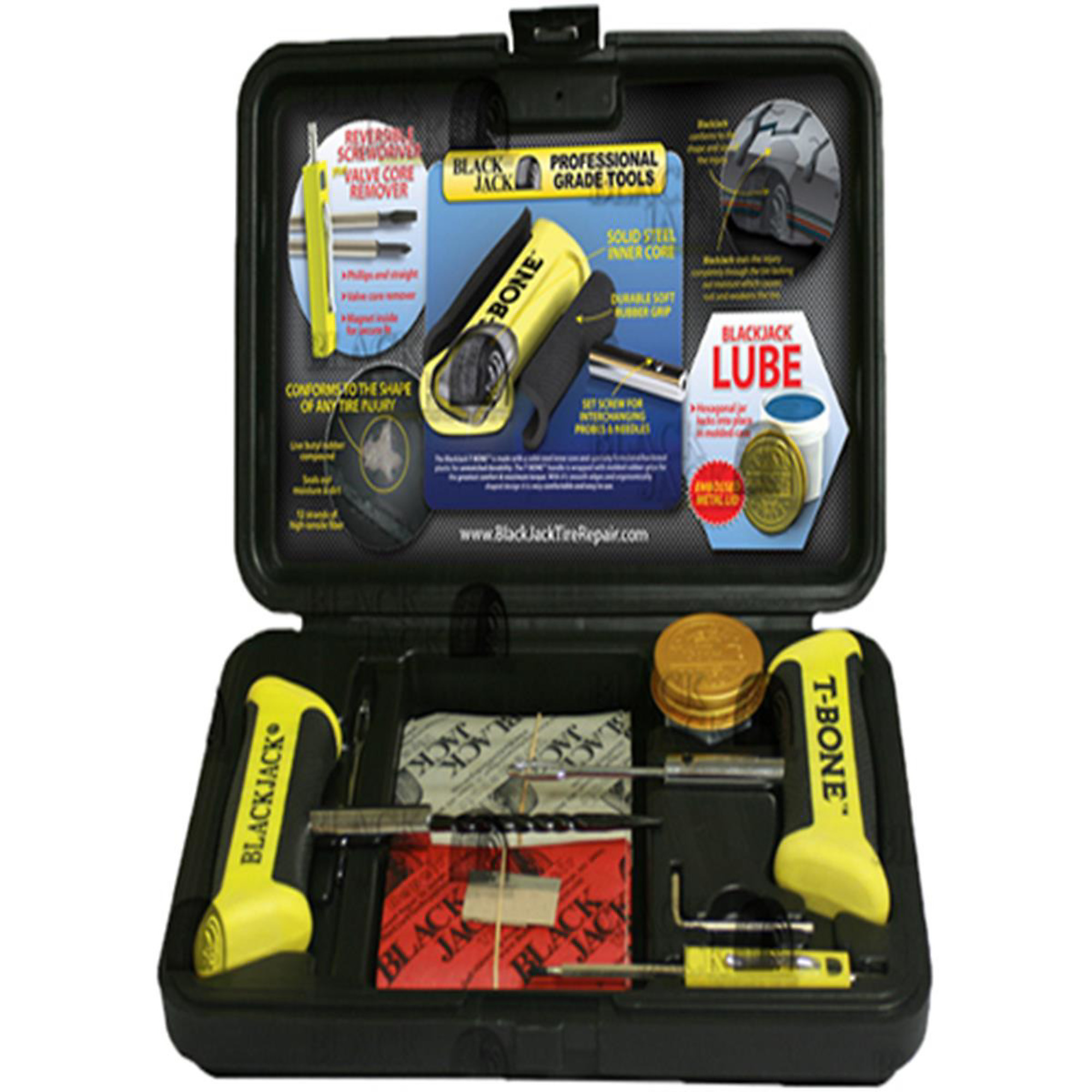 BlackJack Tire Supplies T-Bone Tire Repair Kit — 30 Heavy-Duty Plugs, T-Handle Insertion Tool, Spiral Probe Tool, Model# BLJKT-340
